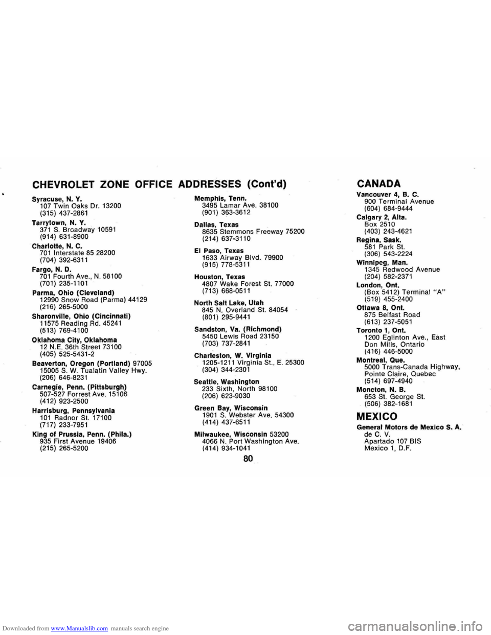 CHEVROLET CAMARO 1971 2.G Manual Online Downloaded from www.Manualslib.com manuals search engine CHEVROLET ZONE OFFICE ADDRESSES (Contd)
Syracuse, N. Y. 107 Twin Oaks Dr. 13200 (315) 437-2861
Tarrytown,
N. Y. 371 S. Broadway 10591 (914 CHEVROLET CAMARO 1971 2.G Manual Online Downloaded from www.Manualslib.com manuals search engine CHEVROLET ZONE OFFICE ADDRESSES (Contd)
Syracuse, N. Y. 107 Twin Oaks Dr. 13200 (315) 437-2861
Tarrytown,
N. Y. 371 S. Broadway 10591 (914