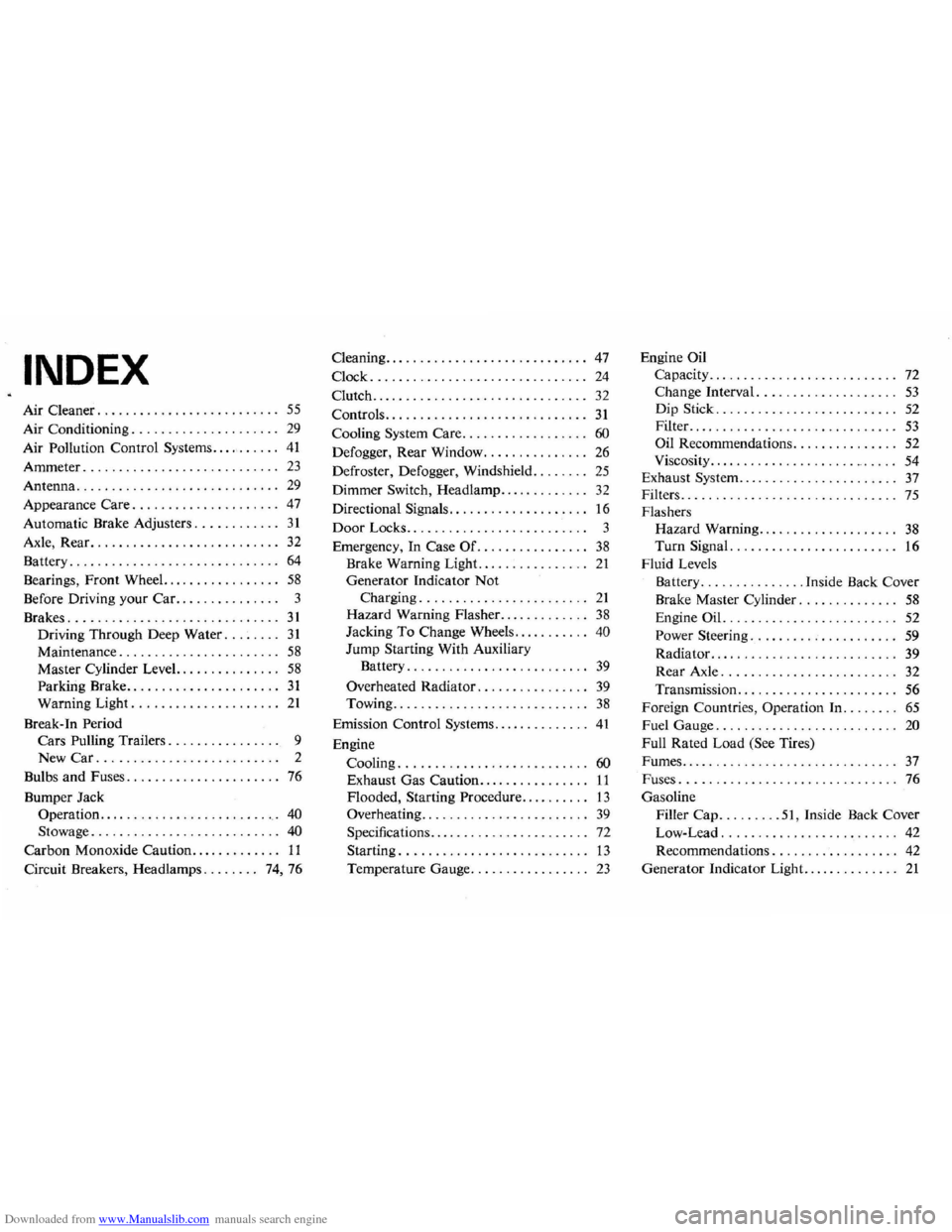 CHEVROLET CAMARO 1971 2.G Manual Online Downloaded from www.Manualslib.com manuals search engine INDEX 
Air Cleaner.  . . . .  . . .  . . .  . . .  . . . . .  . . . . . .. 55 
Air  Conditioning.  . . . . . . .  . . .  . .  . .  . .  . . .. 