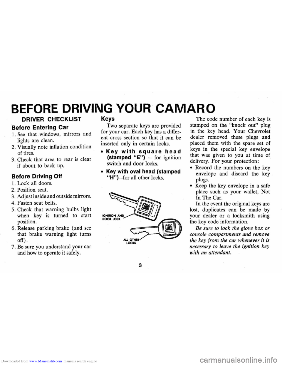 CHEVROLET CAMARO 1973 2.G Owners Manual Downloaded from www.Manualslib.com manuals search engine BEFORE DRIVING YOUR CAMAR 0 
DRIVER CHECKLIST 
Before  Entering  Car 
1. See that windows,  mirrors and 
lights  are clean. 
2.  Visually  note