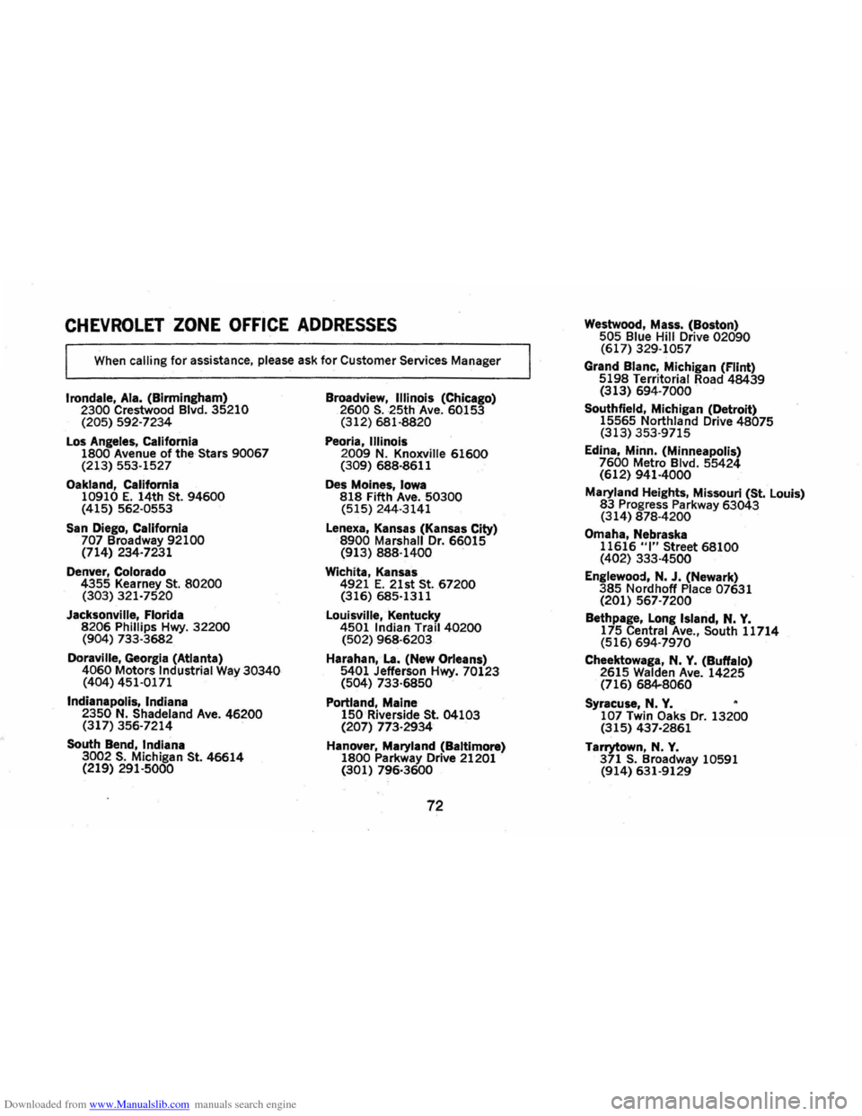 CHEVROLET CAMARO 1973 2.G Manual PDF Downloaded from www.Manualslib.com manuals search engine CHEVROLET ZONE OFFICE ADDRESSES
When calling for assistance, please ask for Customer Services Manager
Irondale, Ala. (Birmingham) 2300 Cres CHEVROLET CAMARO 1973 2.G Manual PDF Downloaded from www.Manualslib.com manuals search engine CHEVROLET ZONE OFFICE ADDRESSES
When calling for assistance, please ask for Customer Services Manager
Irondale, Ala. (Birmingham) 2300 Cres