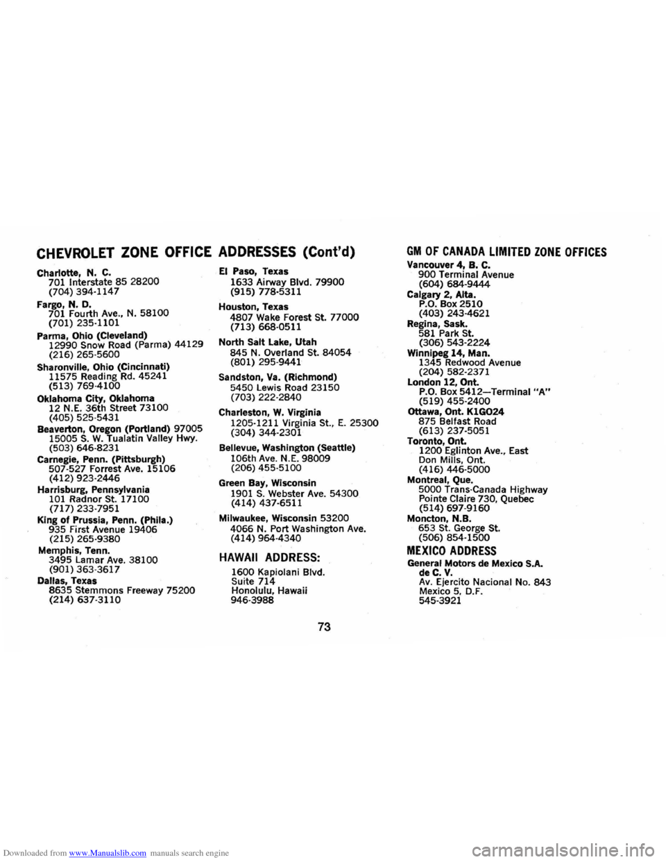 CHEVROLET CAMARO 1973 2.G Manual PDF Downloaded from www.Manualslib.com manuals search engine CHEVROLET ZONE OFFICE ADDRESSES (Contd)
Charlotte, N. C. .
701 Interstate 85 28200 (704) 394·1147
Fargo, N. D.
701 Fourth Ave., N. 581 CHEVROLET CAMARO 1973 2.G Manual PDF Downloaded from www.Manualslib.com manuals search engine CHEVROLET ZONE OFFICE ADDRESSES (Contd)
Charlotte, N. C. .
701 Interstate 85 28200 (704) 394·1147
Fargo, N. D.
701 Fourth Ave., N. 581