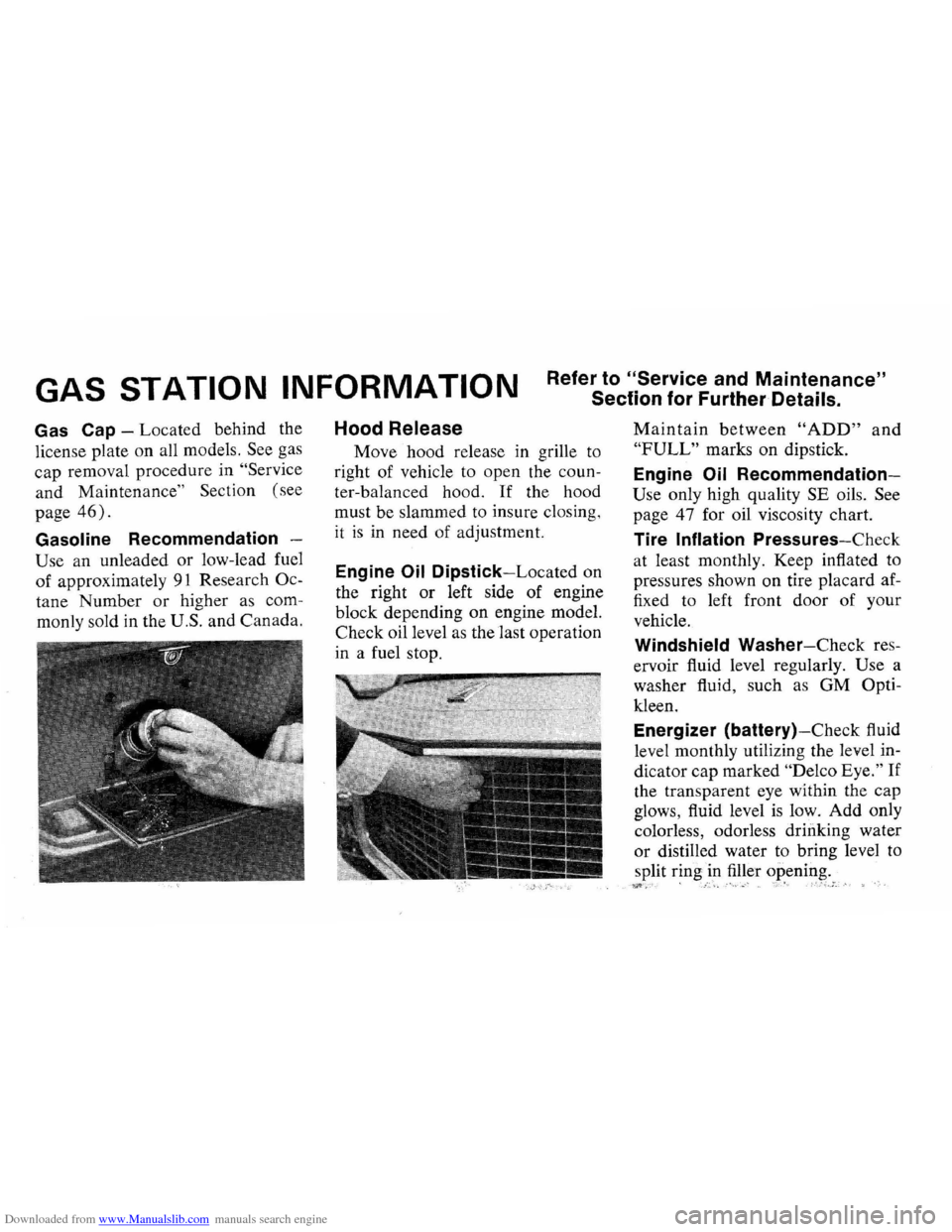 CHEVROLET CAMARO 1973 2.G Manual Online Downloaded from www.Manualslib.com manuals search engine Refer to "Service and Maintenance"
Section for Further
Details. GAS STATION INFORMATION
Gas Cap -Located behind the
license plate on a CHEVROLET CAMARO 1973 2.G Manual Online Downloaded from www.Manualslib.com manuals search engine Refer to "Service and Maintenance"
Section for Further
Details. GAS STATION INFORMATION
Gas Cap -Located behind the
license plate on a