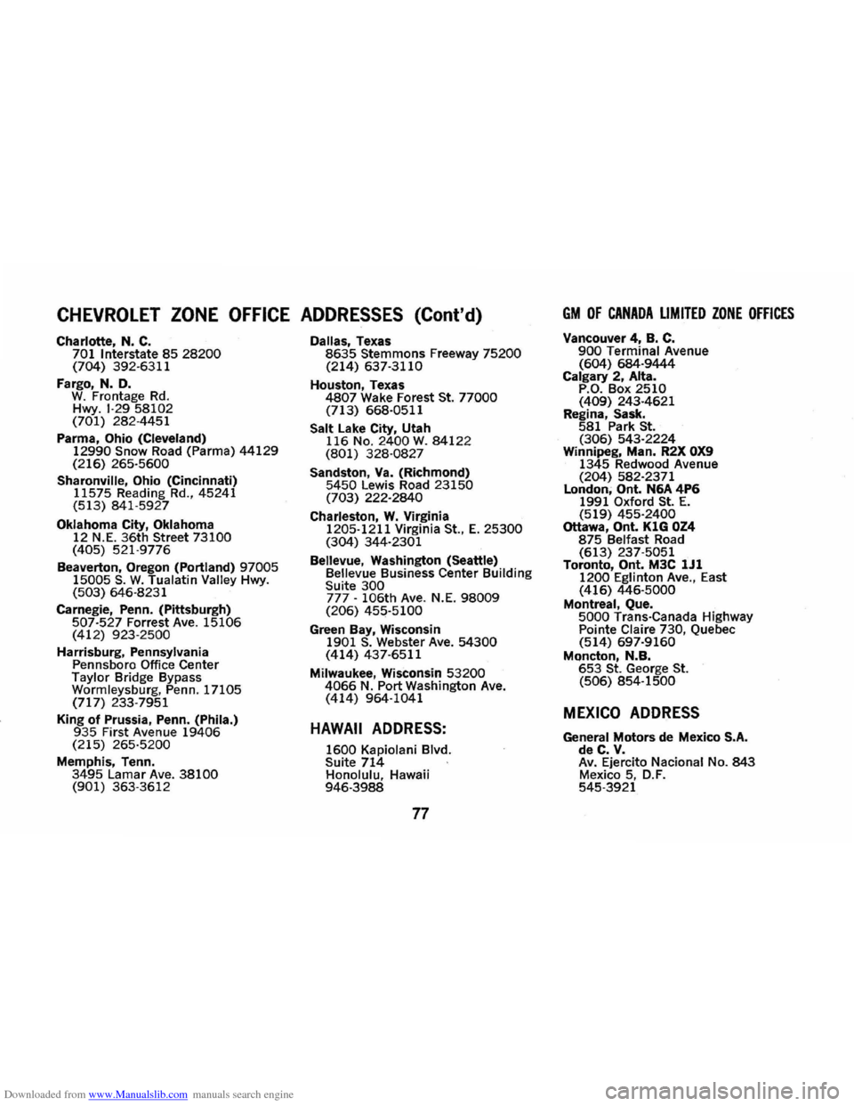 CHEVROLET CAMARO 1974 2.G Manual PDF Downloaded from www.Manualslib.com manuals search engine CHEVROLET ZONE OFFICE ADDRESSES (Contd)
Charlotte, N. C . 701 Interstate 85 28200 (704) 392-6311
Fargo, N.
D. W_ Frontage Rd_
Hwy _ 1-29 CHEVROLET CAMARO 1974 2.G Manual PDF Downloaded from www.Manualslib.com manuals search engine CHEVROLET ZONE OFFICE ADDRESSES (Contd)
Charlotte, N. C . 701 Interstate 85 28200 (704) 392-6311
Fargo, N.
D. W_ Frontage Rd_
Hwy _ 1-29