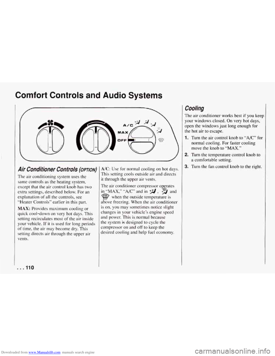 CHEVROLET CAMARO 1994 4.G Owners Manual Downloaded from www.Manualslib.com manuals search engine Comfort  Controls  and Audio Systems 
Air  Conditioner  Controls (OPTION) 
The air conditioning system  uses  the 
same controls  as  the heati