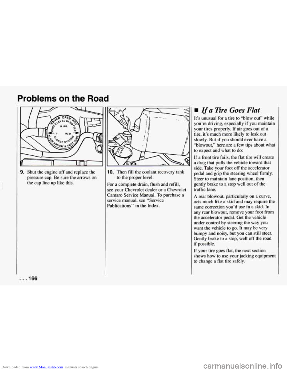 CHEVROLET CAMARO 1994 4.G Owners Manual Downloaded from www.Manualslib.com manuals search engine Problems on the Road
3. Shut the engine off and replace the
pressure cap. Be sure the arrows on
the cap line up like this. 10. Then f CHEVROLET CAMARO 1994 4.G Owners Manual Downloaded from www.Manualslib.com manuals search engine Problems on the Road
3. Shut the engine off and replace the
pressure cap. Be sure the arrows on
the cap line up like this. 10. Then f