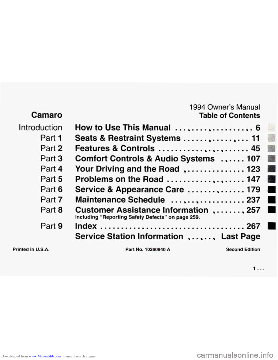 CHEVROLET CAMARO 1994 4.G Owners Manual Downloaded from www.Manualslib.com manuals search engine Camaro 
introduction Part 
1 
Part 2 
Part 3 
Part 4 
Part 5 
Part 6 
Part 7 
Part 8 
Part 9 
1994 Owner’s Manual 
Table of Contents 
HOW to 