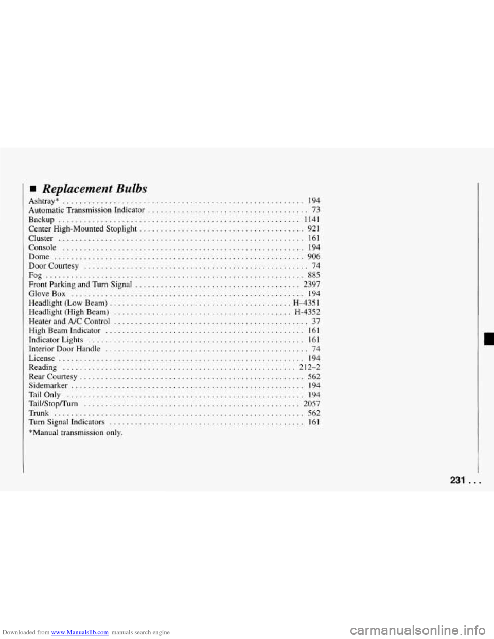CHEVROLET CAMARO 1994 4.G Owners Manual Downloaded from www.Manualslib.com manuals search engine Replacement Bulbs 
Ashtray* ......................................................... 194 
Automatic Transmission Indicator 
..................