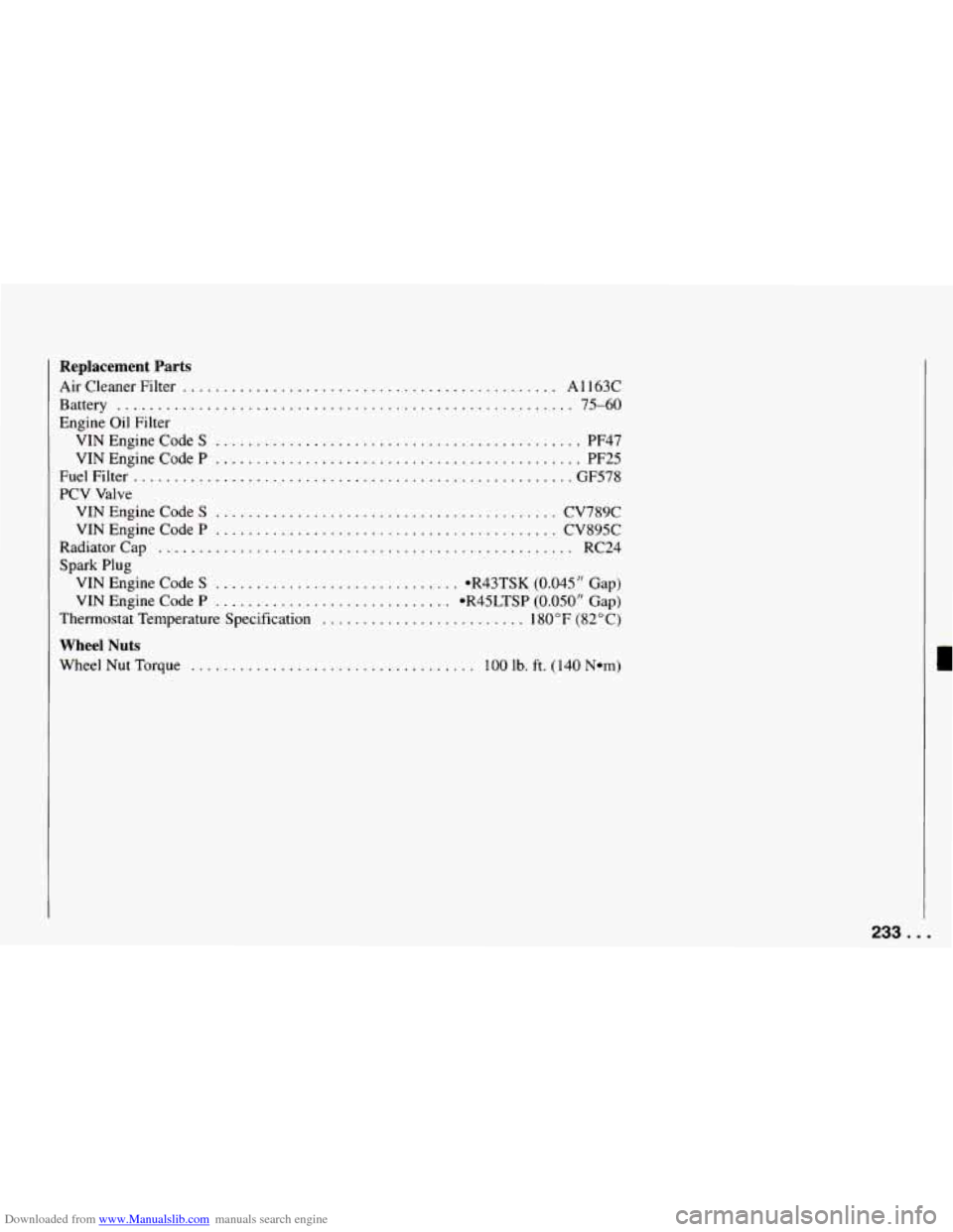 CHEVROLET CAMARO 1994 4.G Owners Manual Downloaded from www.Manualslib.com manuals search engine Replacement Parts
AirCleanerFilter .............................................. A1163C
Battery
........................................... CHEVROLET CAMARO 1994 4.G Owners Manual Downloaded from www.Manualslib.com manuals search engine Replacement Parts
AirCleanerFilter .............................................. A1163C
Battery
...........................................