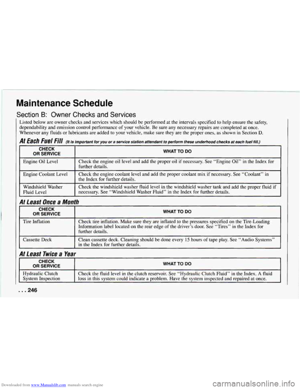 CHEVROLET CAMARO 1994 4.G Owners Manual Downloaded from www.Manualslib.com manuals search engine Maintenance Schedule 
Section B: Owner Checks and Services 
Listed below are owner checks  and services  which should  be performed at the inte