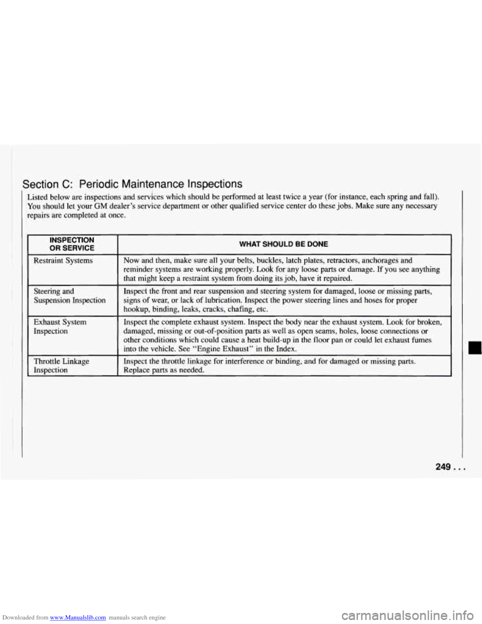 CHEVROLET CAMARO 1994 4.G Owners Manual Downloaded from www.Manualslib.com manuals search engine ~ Section C: Periodic Maintenance Inspections
Listed below
are inspections and services which should be performed at least twice a ye CHEVROLET CAMARO 1994 4.G Owners Manual Downloaded from www.Manualslib.com manuals search engine ~ Section C: Periodic Maintenance Inspections
Listed below
are inspections and services which should be performed at least twice a ye