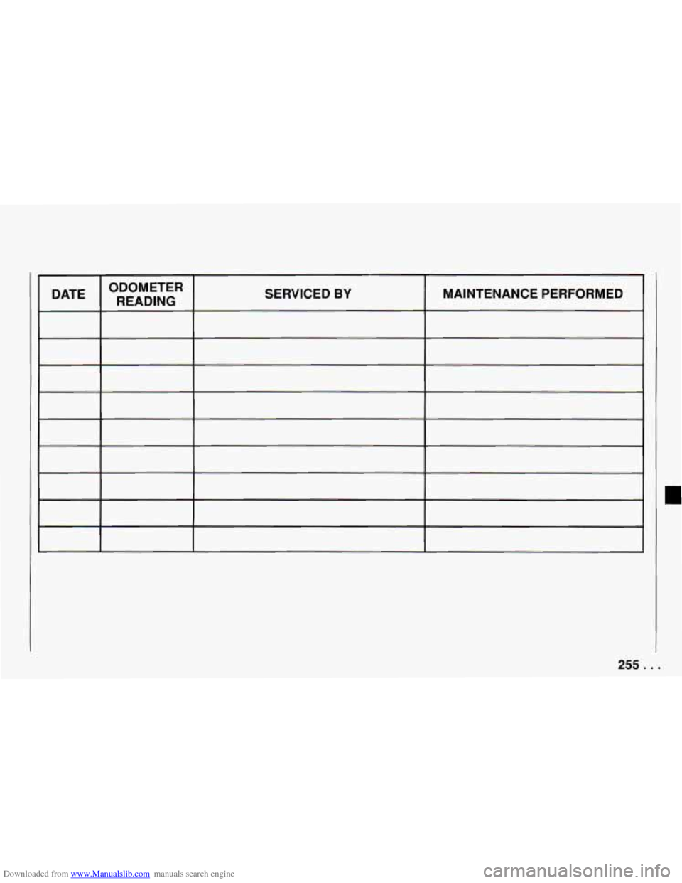 CHEVROLET CAMARO 1994 4.G Owners Manual Downloaded from www.Manualslib.com manuals search engine I ~~ I I I
DATE I ODOMETER I
READING SERVICED BY I MAINTENANCE PERFORMED I
255. . CHEVROLET CAMARO 1994 4.G Owners Manual Downloaded from www.Manualslib.com manuals search engine I ~~ I I I
DATE I ODOMETER I
READING SERVICED BY I MAINTENANCE PERFORMED I
255. .