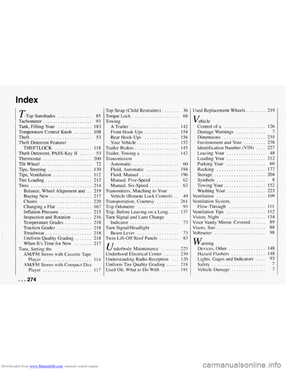 CHEVROLET CAMARO 1994 4.G Owners Manual Downloaded from www.Manualslib.com manuals search engine Index 
TTop Sunshades .............. 85 
Tachometer .................... 93 
Tank.  Filling  Your 
.............. 183 
Temperature Control  Kno
