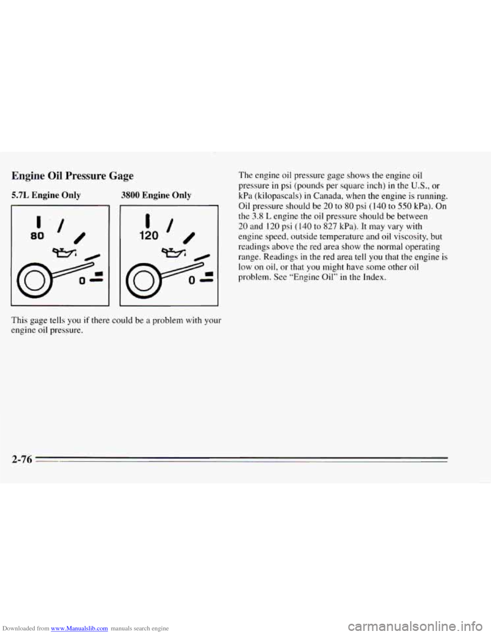 CHEVROLET CAMARO 1995 4.G Owners Manual Downloaded from www.Manualslib.com manuals search engine Engine  Oil Pressure Gage 
5.7L Engine  Only 3800 Engine  Only 
80 “I 0 120 I! / 
This gage tells you if there  could  be a problem  with  yo