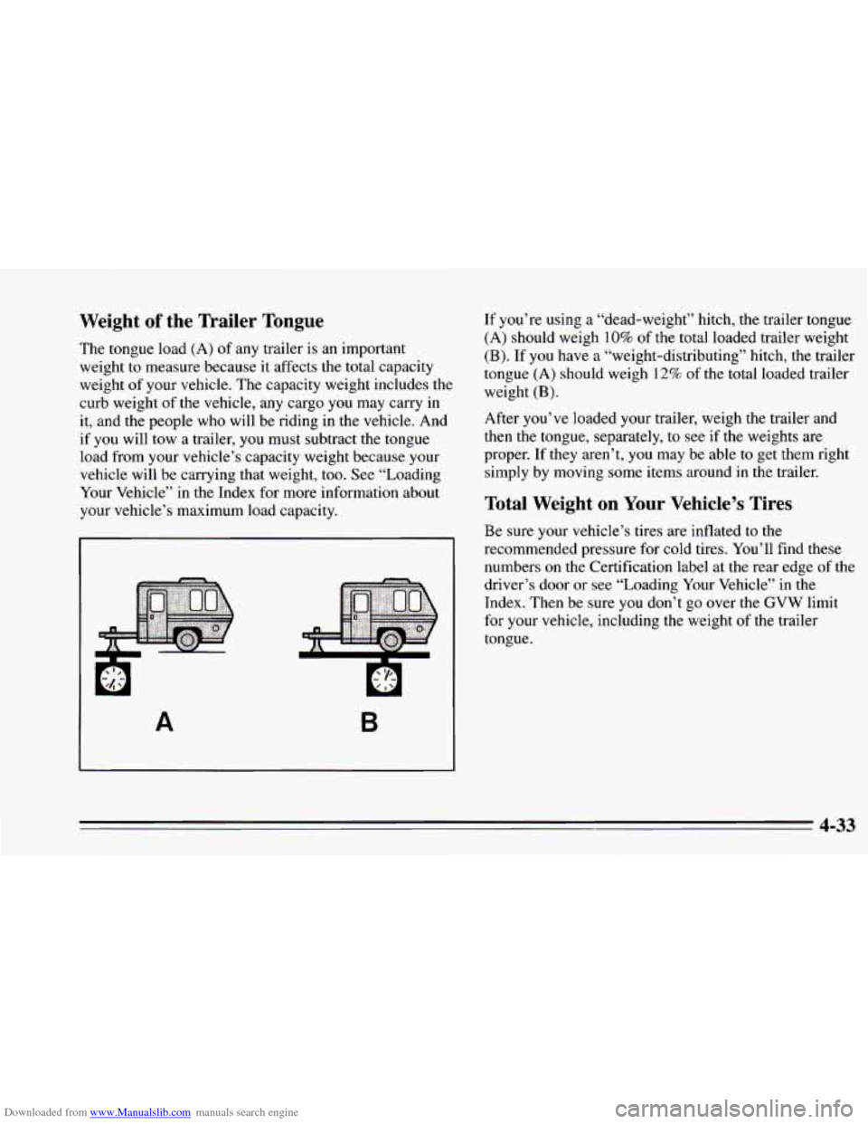 CHEVROLET CAMARO 1995 4.G Owners Manual Downloaded from www.Manualslib.com manuals search engine Weight of the  Trailer  Tongue 
The tongue load (A) of  any trailer is  an important 
weight  to measure  because 
it affects the total capacit
