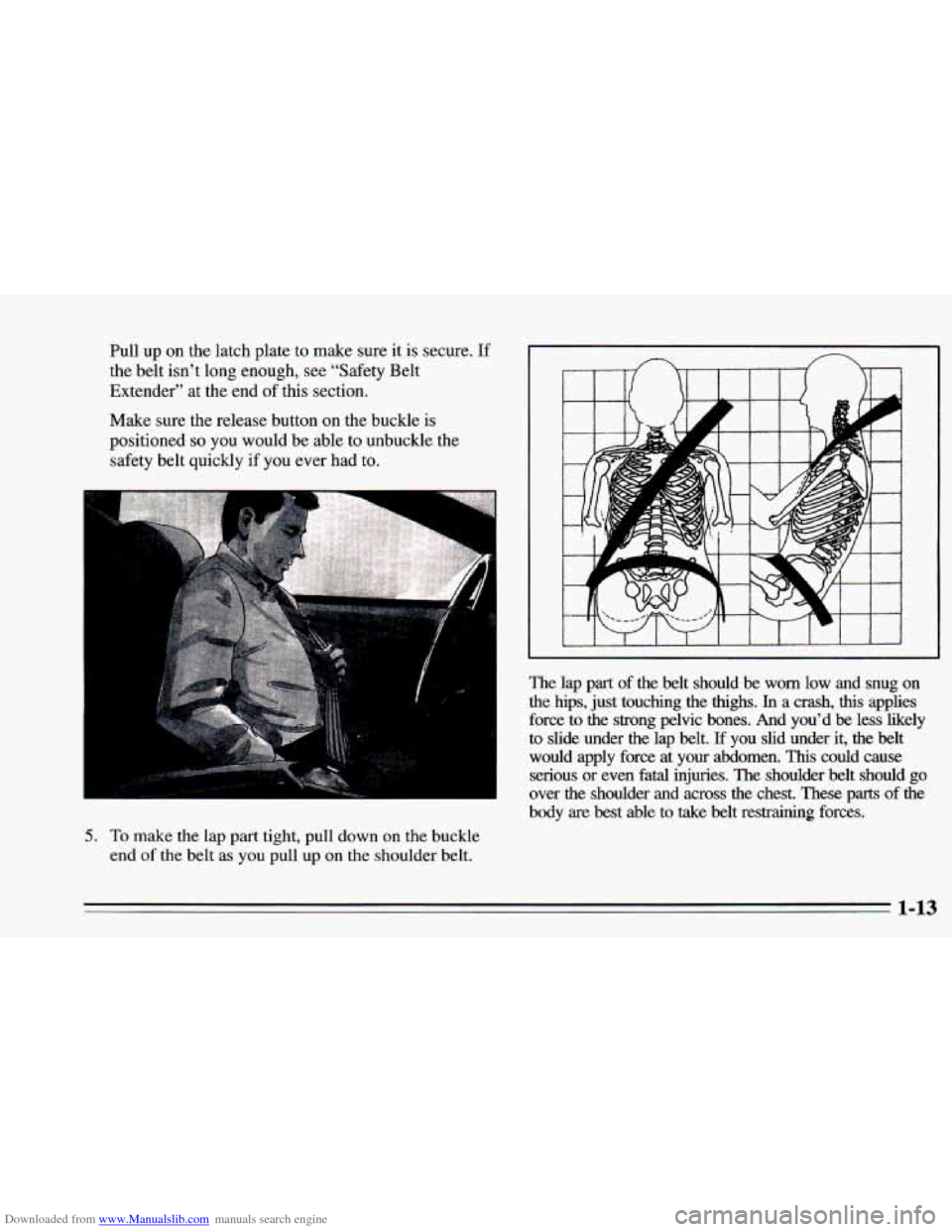 CHEVROLET CAMARO 1995 4.G Owners Manual Downloaded from www.Manualslib.com manuals search engine Pull up on the latch plate  to make sure it  is secure. If 
the belt isn’t  long enough, see “Safety  Belt 
Extender” 
at the  end  of th