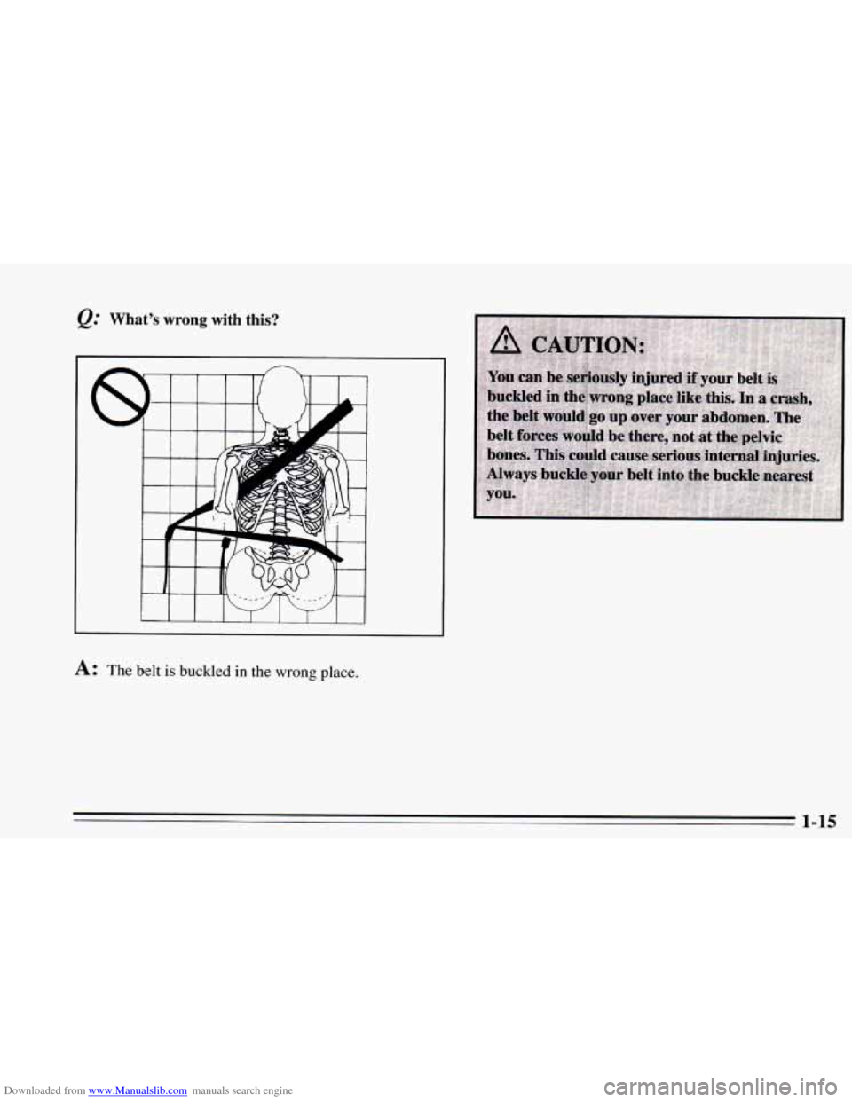 CHEVROLET CAMARO 1995 4.G Owners Manual Downloaded from www.Manualslib.com manuals search engine @ What’s wrong with  this? 
A: The belt is buckled in the wrong place. 
1-15   