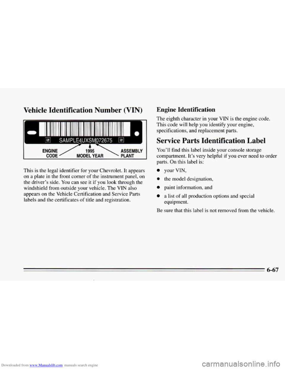 CHEVROLET CAMARO 1995 4.G Owners Manual Downloaded from www.Manualslib.com manuals search engine Vehicle Identification  Number  (VIN) 
r 
1111 111111I IIII 11111111IIIIIIII IIIIIllll11111I1111111111Ill I IllIIIII 
I # 
ENGINE / 
’gg5  PL
