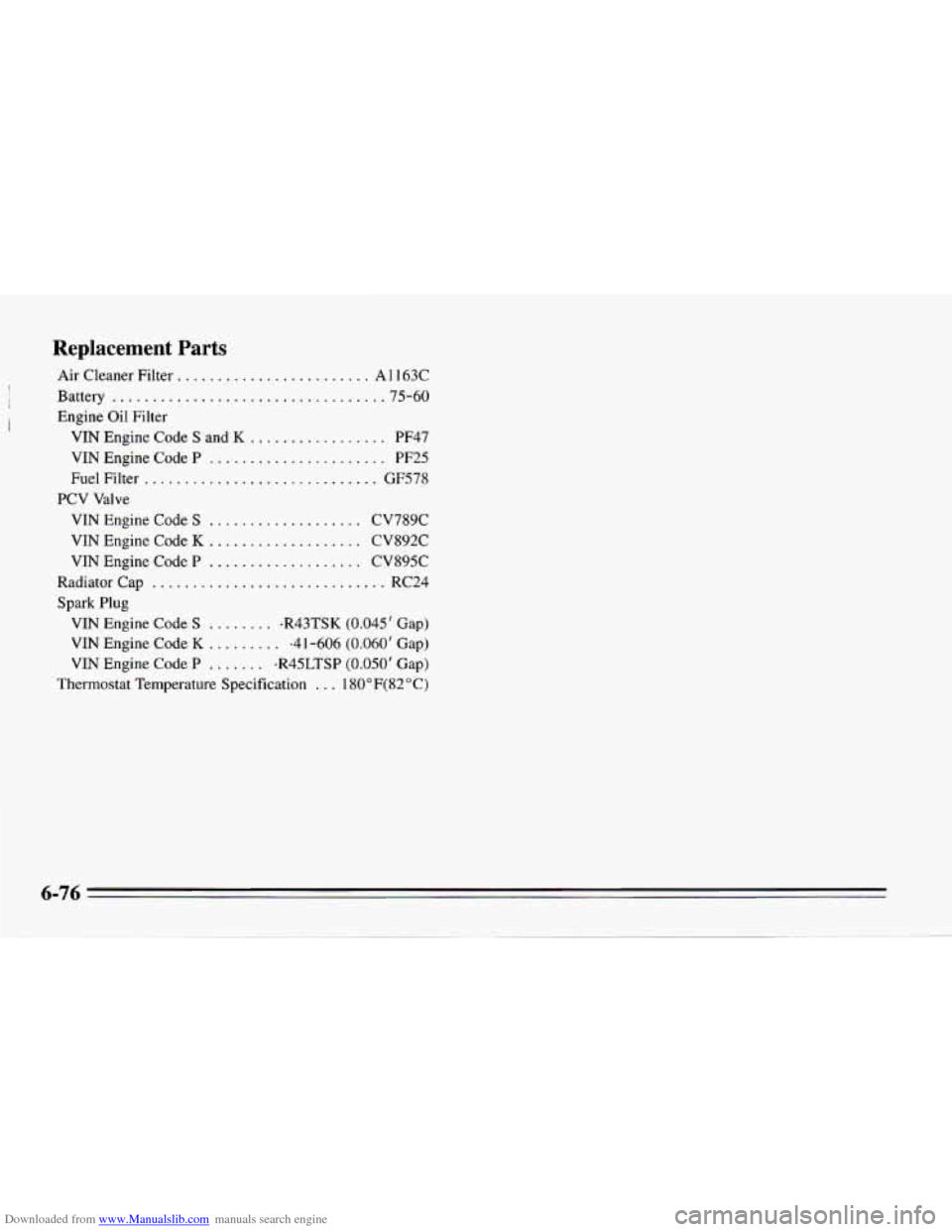 CHEVROLET CAMARO 1995 4.G Owners Manual Downloaded from www.Manualslib.com manuals search engine Replacement  Parts 
Air Cleaner Filter ........................ A 1 I63C 
Battery 
.................................. 75-60 
Engine Oil Filter 