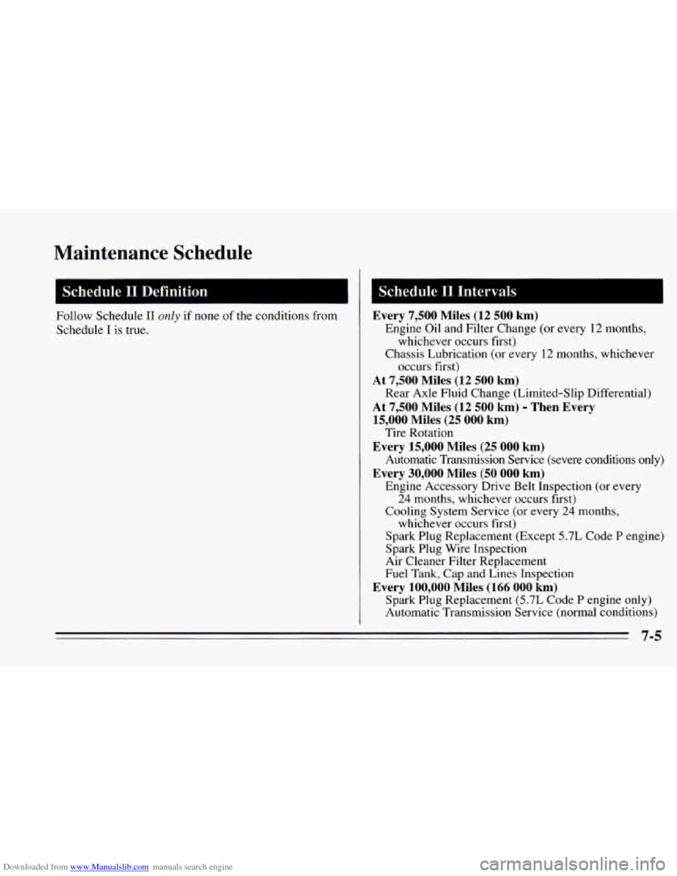 CHEVROLET CAMARO 1995 4.G Owners Manual Downloaded from www.Manualslib.com manuals search engine Maintenance  Schedule 
Schedule I1 Definition I 
Follow Schedule I1 onZy if none of the  conditions from 
Schedule 
I is  true. 
Every 7,500 Mi