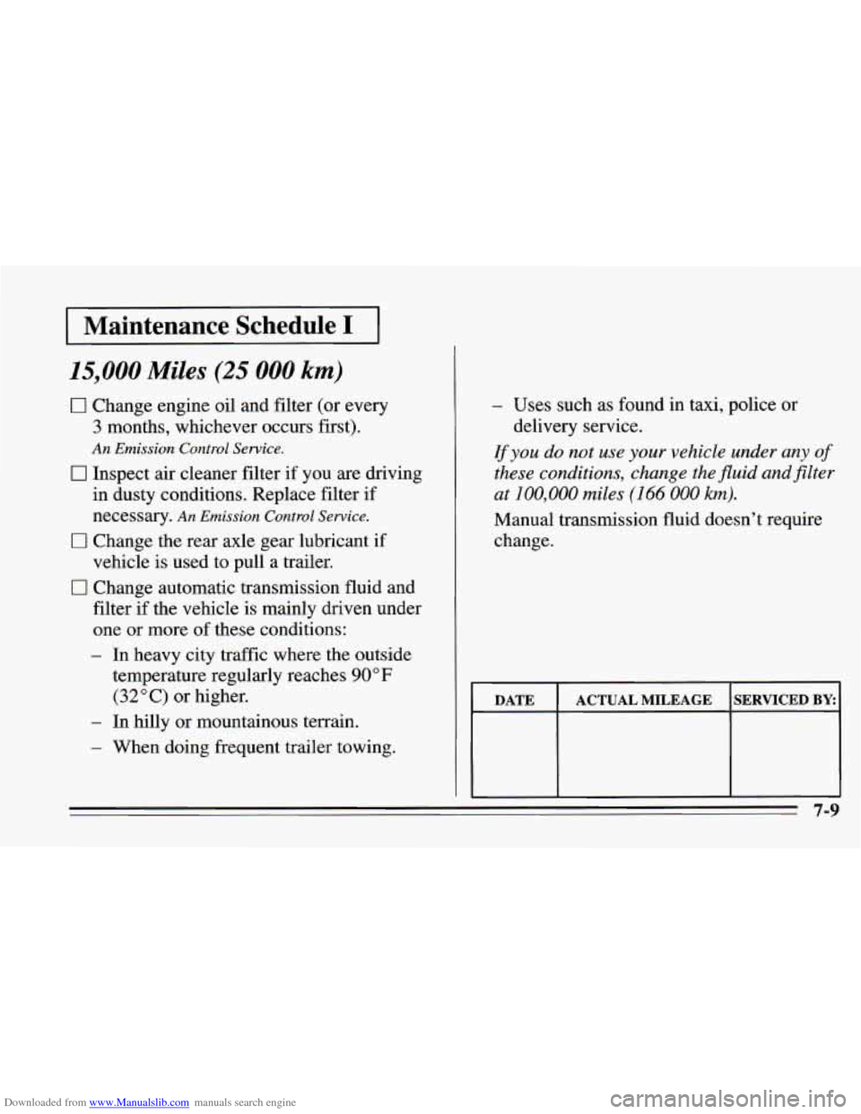 CHEVROLET CAMARO 1995 4.G Owners Manual Downloaded from www.Manualslib.com manuals search engine I Maintenance  Schedule I I 
15,000 Miles (25 000 km) 
0 Change engine oil and filter (or every 
3 months, whichever occurs first). 
An Emissio