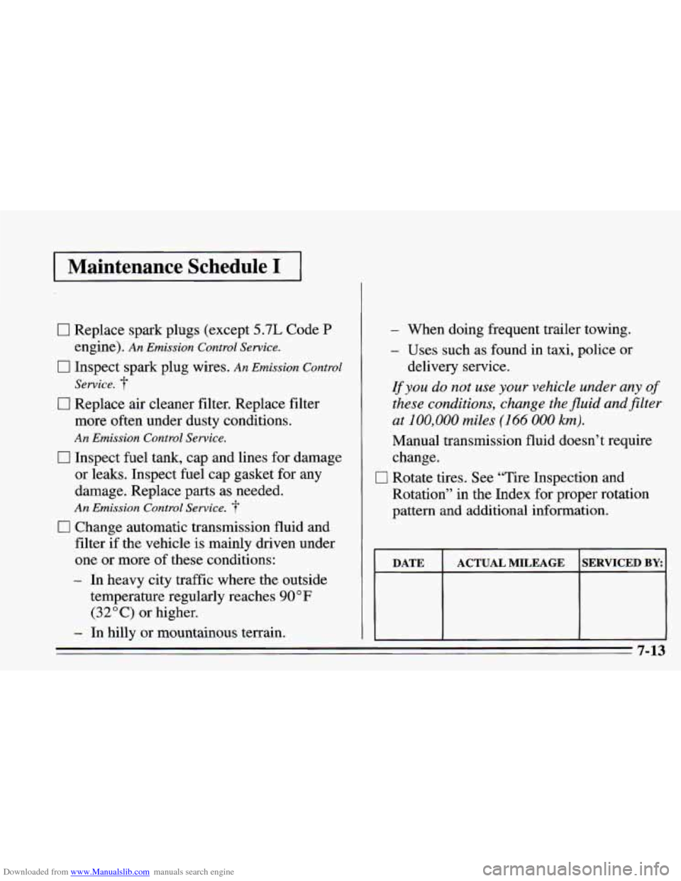 CHEVROLET CAMARO 1995 4.G Owners Manual Downloaded from www.Manualslib.com manuals search engine I Maintenance Schedule I I
0 Replace spark plugs (except 5.7L Code P
0 Inspect spark plug wires. An Emission Control
0 Replace air cleaner CHEVROLET CAMARO 1995 4.G Owners Manual Downloaded from www.Manualslib.com manuals search engine I Maintenance Schedule I I
0 Replace spark plugs (except 5.7L Code P
0 Inspect spark plug wires. An Emission Control
0 Replace air cleaner
