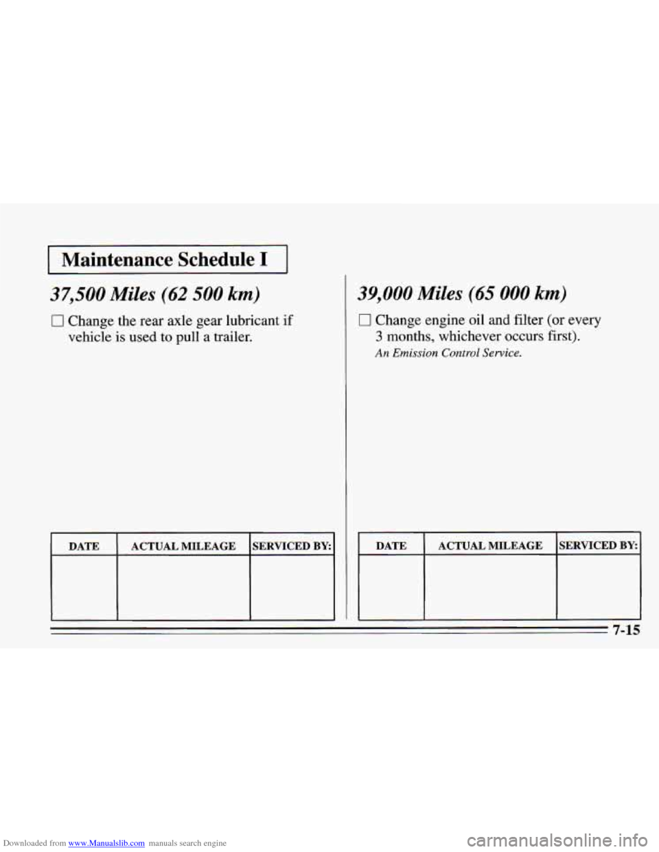 CHEVROLET CAMARO 1995 4.G Owners Manual Downloaded from www.Manualslib.com manuals search engine I Maintenance Schedule I I 
37,500 Miles (62 500 km) 
0 Change the rear axle gear lubricant if 
vehicle is used 
to pull a trailer. 
DATE SERVI