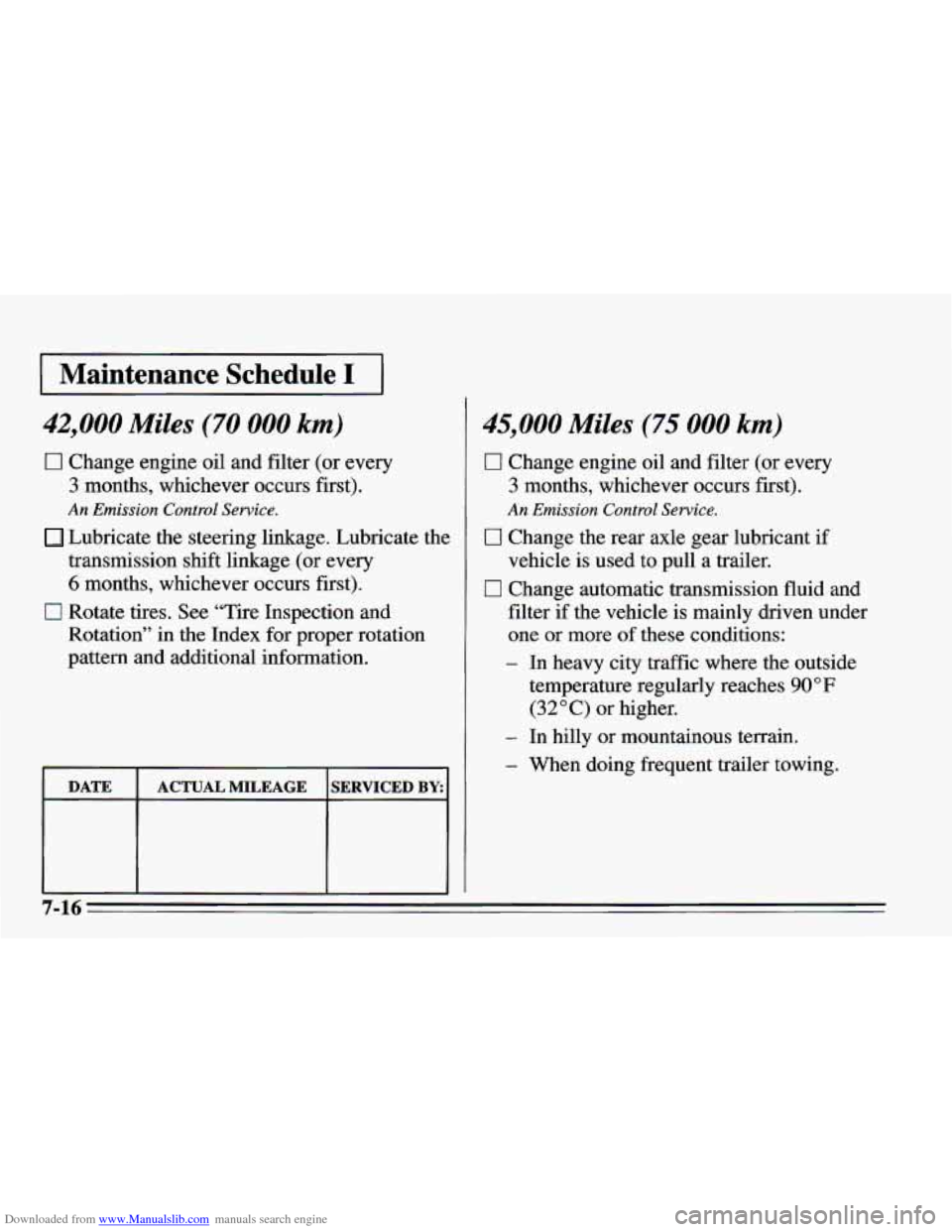 CHEVROLET CAMARO 1995 4.G Owners Manual Downloaded from www.Manualslib.com manuals search engine 1 Maintenance  Schedule I I 
42,000 Miles (70 000 km) 
0 Change engine oil and filter (or every 
3 months, whichever occurs first). 
An Emissio