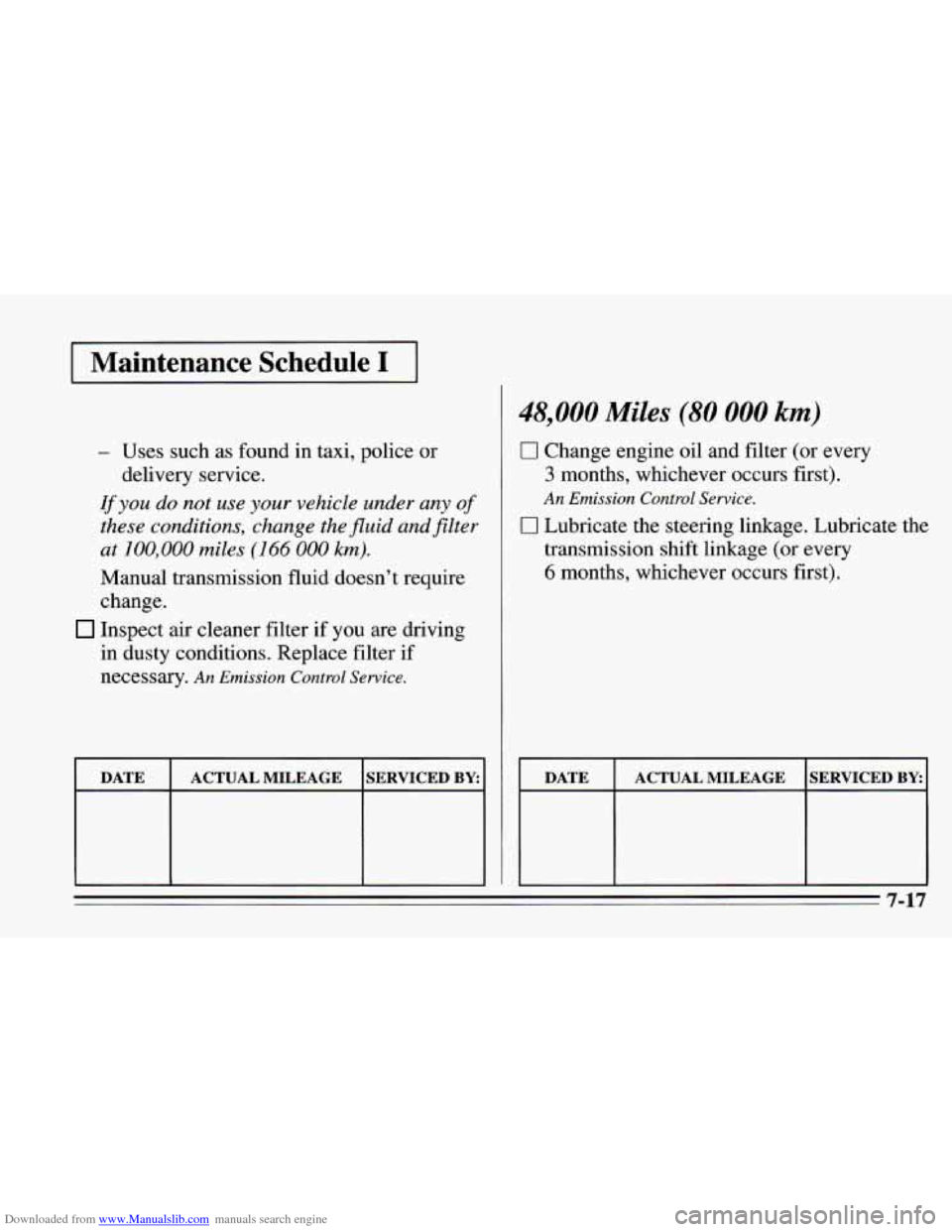 CHEVROLET CAMARO 1995 4.G Owners Manual Downloaded from www.Manualslib.com manuals search engine I Maintenance  Schedule I I 
48,000 Miles (80 000 km) 
- Uses such as found  in taxi, police  or 
If you  do not use your  vehicle  under any o