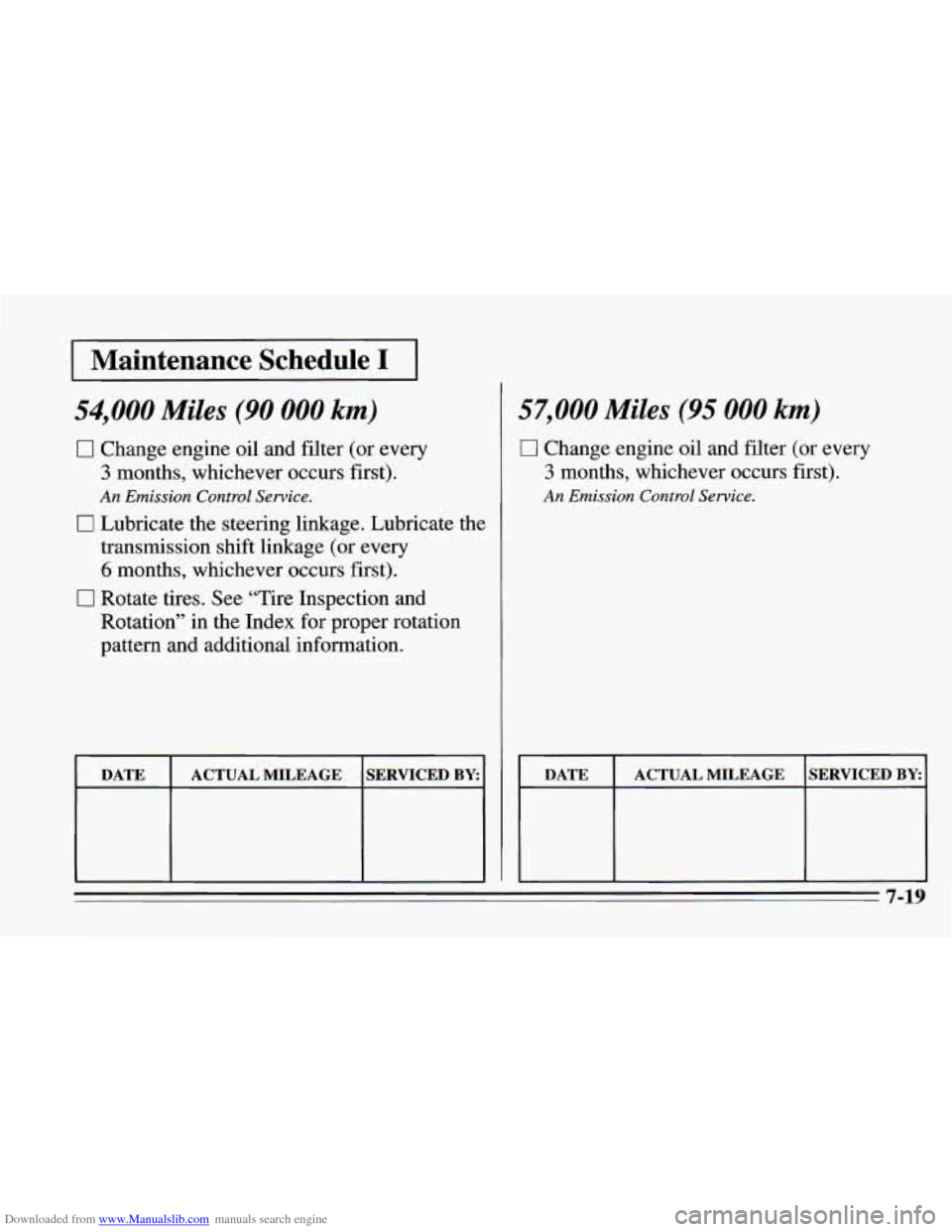 CHEVROLET CAMARO 1995 4.G Owners Manual Downloaded from www.Manualslib.com manuals search engine I Maintenance  Schedule I I 
54,000 Miles (90 000 km) 
0 Change engine oil and filter (or every 
3 months, whichever occurs first). 
An Emissio
