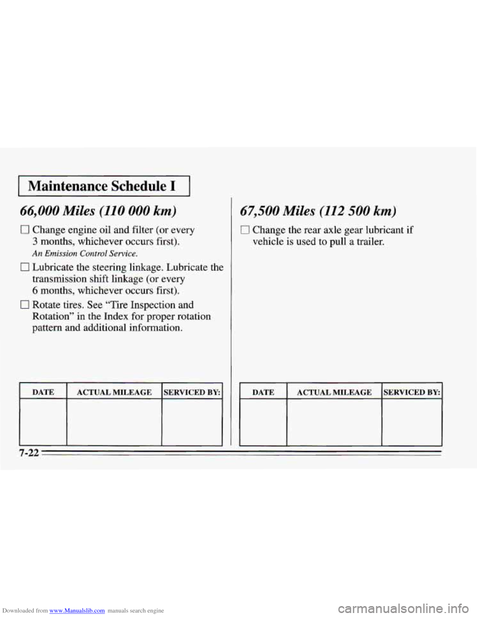 CHEVROLET CAMARO 1995 4.G Owners Manual Downloaded from www.Manualslib.com manuals search engine 1 Maintenance  Schedule I I 
66,000 Miles (110 000 km) 
0 Change engine oil and filter (or every 
3 months, whichever occurs first). 
An Emissi
