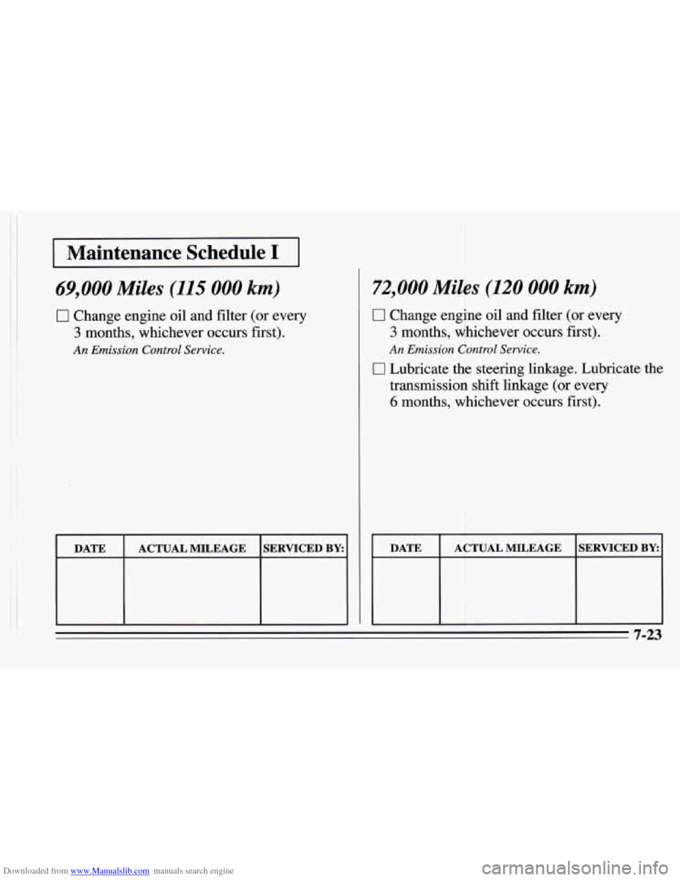 CHEVROLET CAMARO 1995 4.G Owners Manual Downloaded from www.Manualslib.com manuals search engine Maintenance  Schedule I 
69,000 Miles (115 000 km) 
0 Change engine oil and filter  (or  every 
3 months,  whichever  occurs first). 
An Emissi