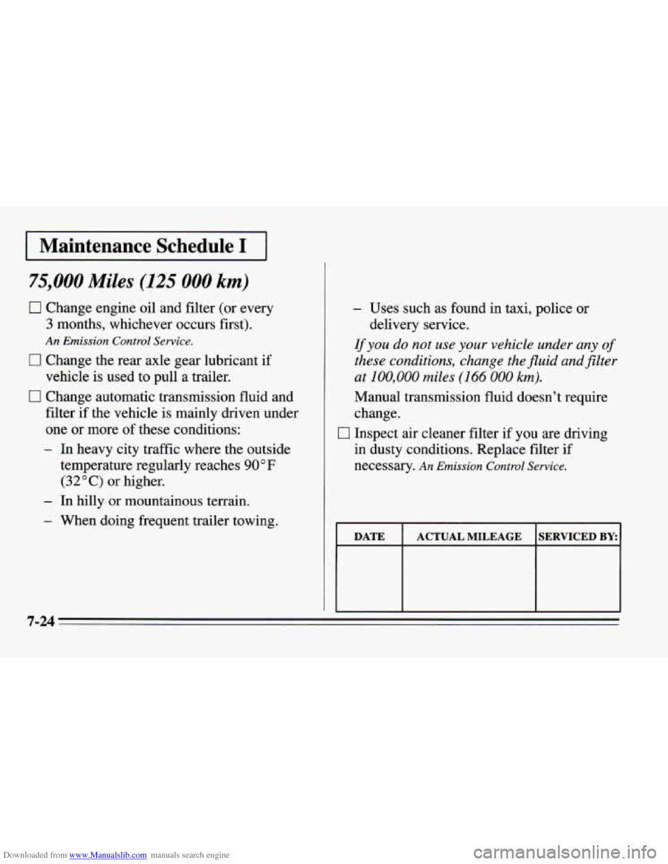 CHEVROLET CAMARO 1995 4.G Owners Manual Downloaded from www.Manualslib.com manuals search engine I Maintenance  Schedule I I 
75,000 Miles (125 000 km) 
0 Change engine oil and filter (or every 
3 months, whichever occurs first). 
0 Change 