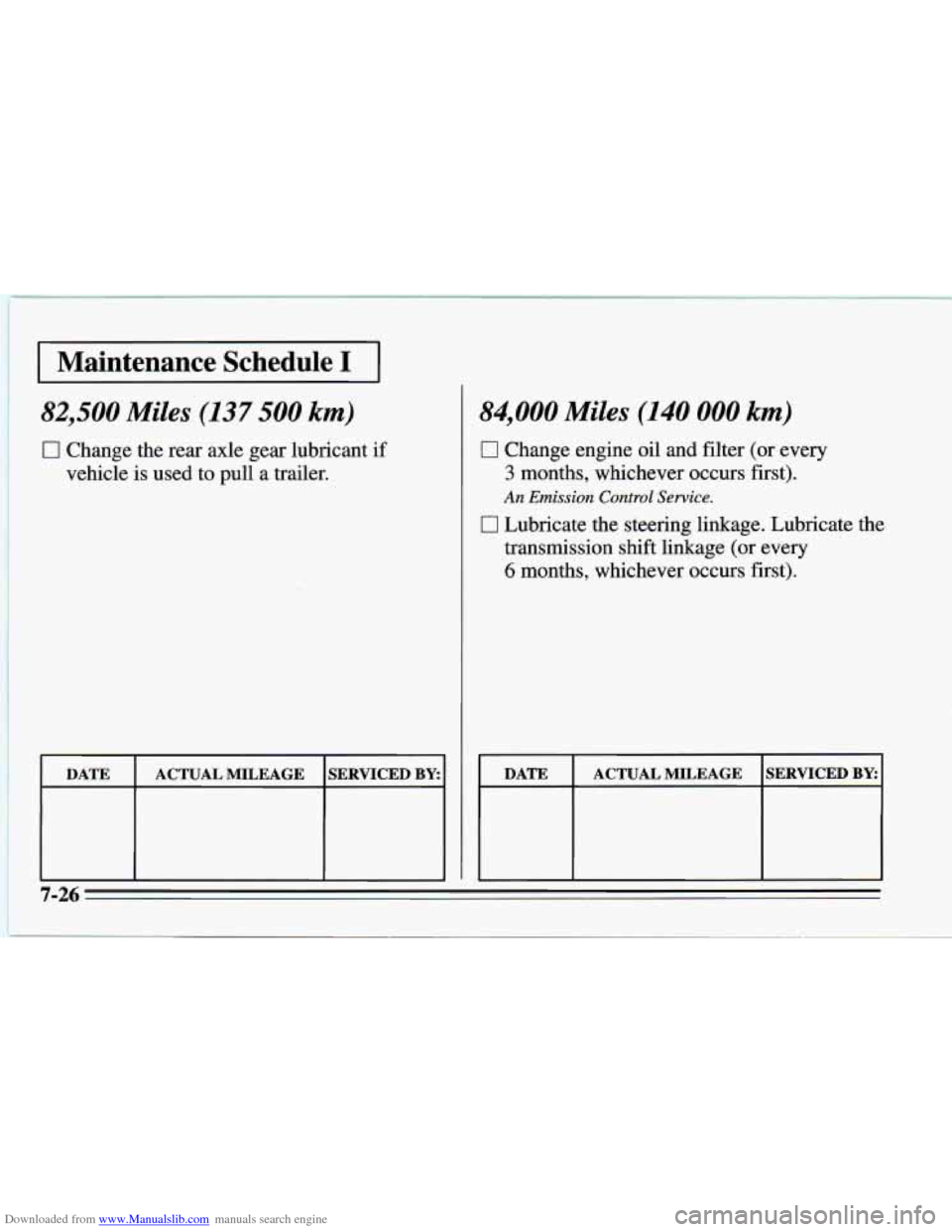 CHEVROLET CAMARO 1995 4.G Owners Manual Downloaded from www.Manualslib.com manuals search engine I Maintenance  Schedule I I 
82,500 Miles (137 500 km) 
0 Change the rear axle  gear lubricant  if 
vehicle  is used  to pull  a trailer. 
I DA