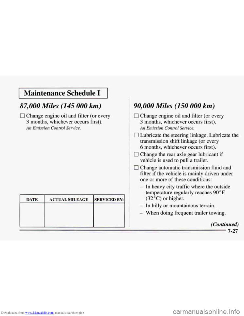 CHEVROLET CAMARO 1995 4.G Owners Manual Downloaded from www.Manualslib.com manuals search engine I Maintenance  Schedule I I 
87,000 Miles (145 000 km) 
0 Change engine oil and filter (or every 
3 months, whichever occurs first). 
An Emissi