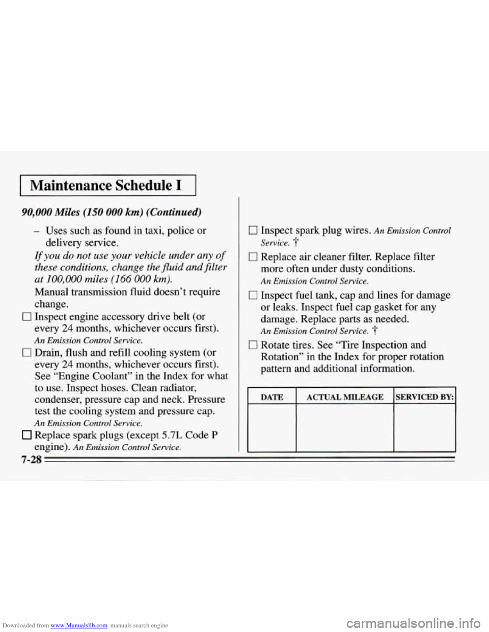 CHEVROLET CAMARO 1995 4.G Owners Manual Downloaded from www.Manualslib.com manuals search engine -
Maintenance Schedule I
90,000 Miles (150 000 km) (Continued)
- Uses such as found in taxi, police or
If you do not use your vehicle unde CHEVROLET CAMARO 1995 4.G Owners Manual Downloaded from www.Manualslib.com manuals search engine -
Maintenance Schedule I
90,000 Miles (150 000 km) (Continued)
- Uses such as found in taxi, police or
If you do not use your vehicle unde