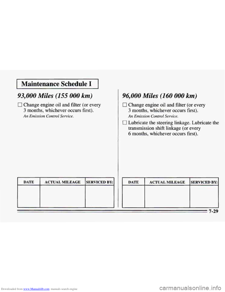 CHEVROLET CAMARO 1995 4.G Owners Manual Downloaded from www.Manualslib.com manuals search engine I Maintenance  Schedule I I 
93,000 Miles (155 000 km) 
0 Change engine oil and filter (or  every 
3 months, whichever occurs first). 
An Emiss