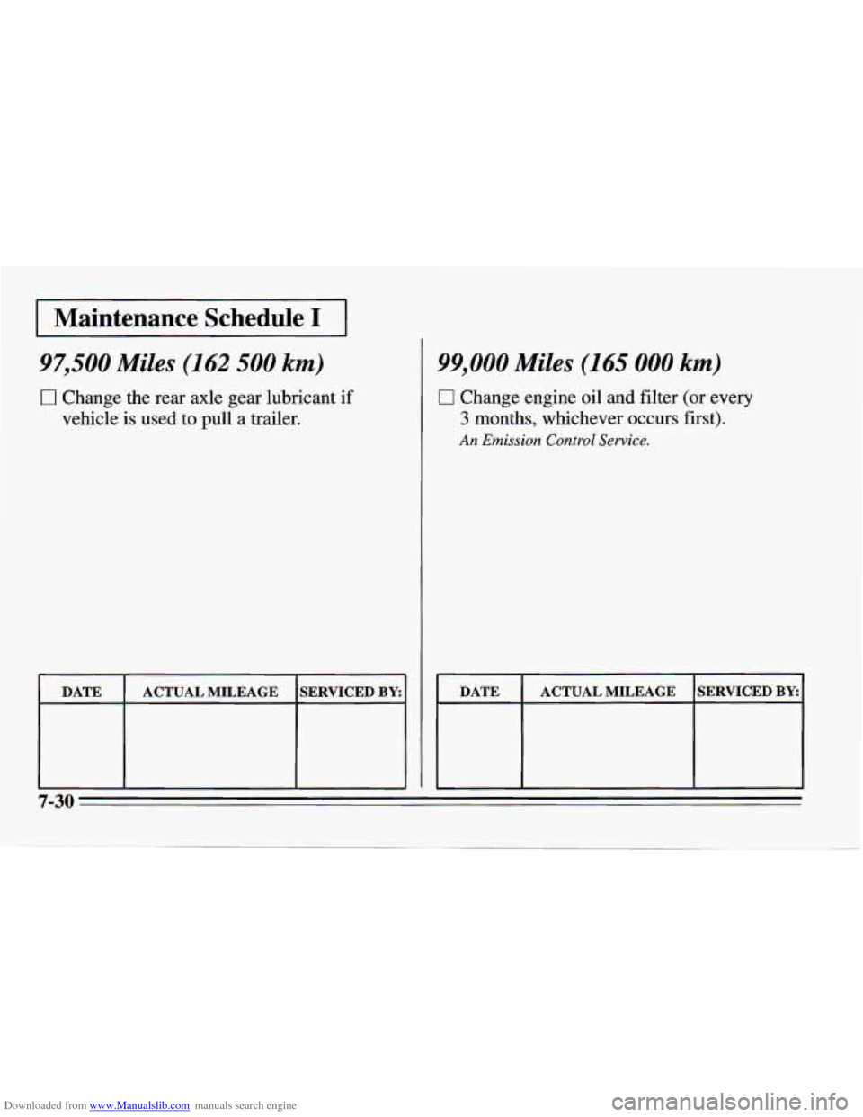 CHEVROLET CAMARO 1995 4.G Owners Manual Downloaded from www.Manualslib.com manuals search engine I Maintenance Schedule I I 
97,500 Miles (162 500 km) 
0 Change the rear axle gear lubricant if 
vehicle is  used to pull a  trailer. 
DATE  AC