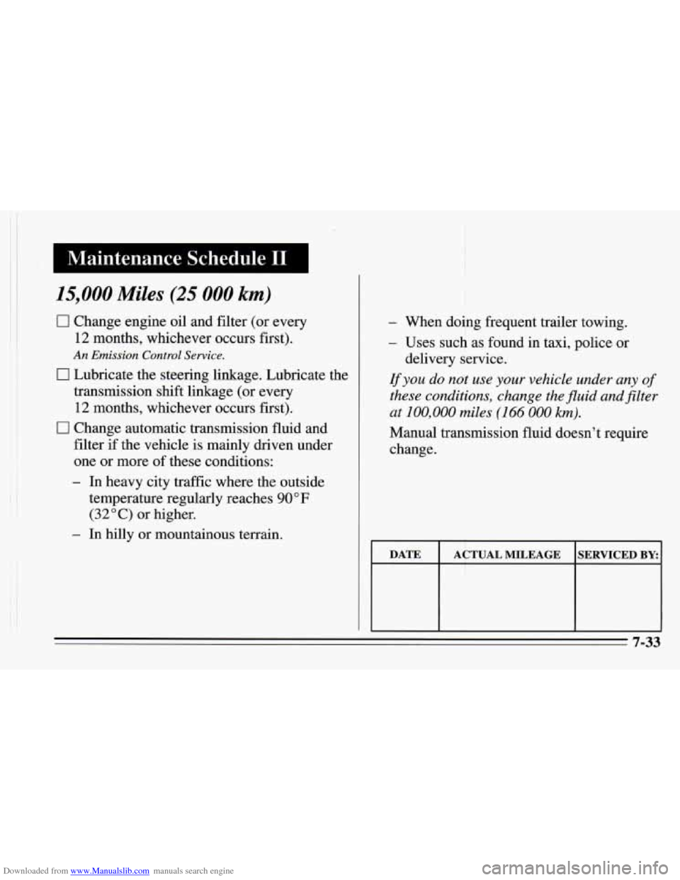 CHEVROLET CAMARO 1995 4.G Owners Manual Downloaded from www.Manualslib.com manuals search engine 15,000 Miles (25 000 km)
0 Change engine oil and filter (or every
12 months, whichever occurs first).
An Emission Control Service.
0 Lubric CHEVROLET CAMARO 1995 4.G Owners Manual Downloaded from www.Manualslib.com manuals search engine 15,000 Miles (25 000 km)
0 Change engine oil and filter (or every
12 months, whichever occurs first).
An Emission Control Service.
0 Lubric