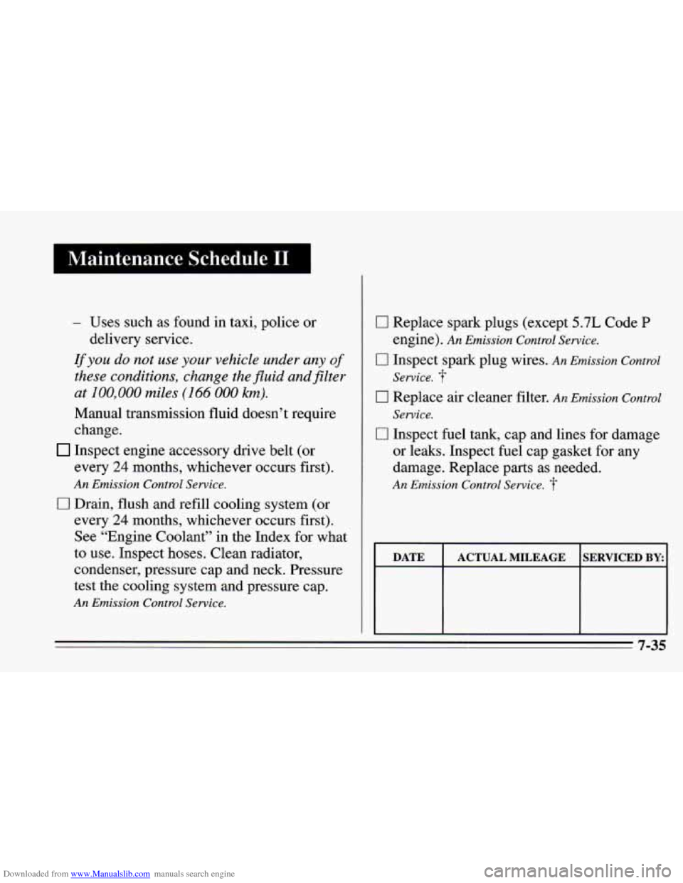 CHEVROLET CAMARO 1995 4.G Owners Manual Downloaded from www.Manualslib.com manuals search engine Maintenance  Schedule I1 
- Uses such as found  in taxi, police or 
If you do not use your vehicle  under  any of 
these  conditions,  change  