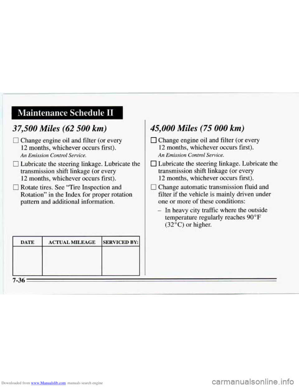 CHEVROLET CAMARO 1995 4.G Owners Manual Downloaded from www.Manualslib.com manuals search engine Maintenance Schedule I1 I
37,500 Miles (62 500 km)
0 Change engine oil and filter (or every
12 months, whichever occurs first).
An E CHEVROLET CAMARO 1995 4.G Owners Manual Downloaded from www.Manualslib.com manuals search engine Maintenance Schedule I1 I
37,500 Miles (62 500 km)
0 Change engine oil and filter (or every
12 months, whichever occurs first).
An E