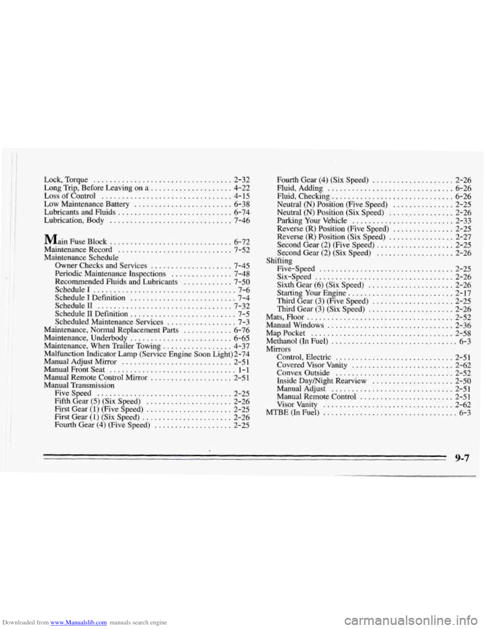 CHEVROLET CAMARO 1995 4.G Owners Manual Downloaded from www.Manualslib.com manuals search engine Lock. Torque .................................. 2-32 
Long  Trip,  Before  Leaving on  a .................... 4-22 
Loss  of Control 
.........