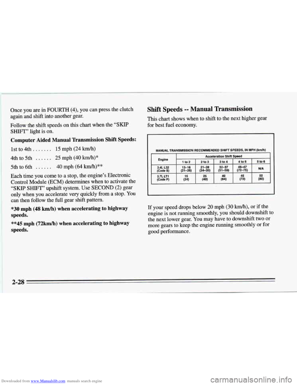 CHEVROLET CAMARO 1995 4.G Owners Manual Downloaded from www.Manualslib.com manuals search engine Once you are in FOURTH (4), you  can press  the clutch 
again 
and shift into another  gear. 
Follow  the shift  speeds  on 
this chart when  t