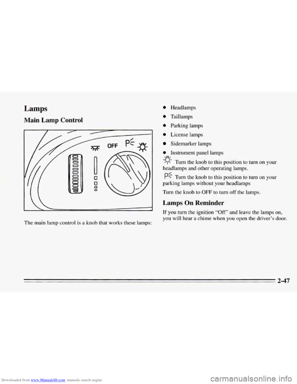 CHEVROLET CAMARO 1995 4.G Owners Manual Downloaded from www.Manualslib.com manuals search engine Lamps 
Main Lamp Control 
The main  lamp control  is a knob that  works these lamps: 
0 Headlamps 
0 Taillamps 
0 Parking  lamps 
0 License  la