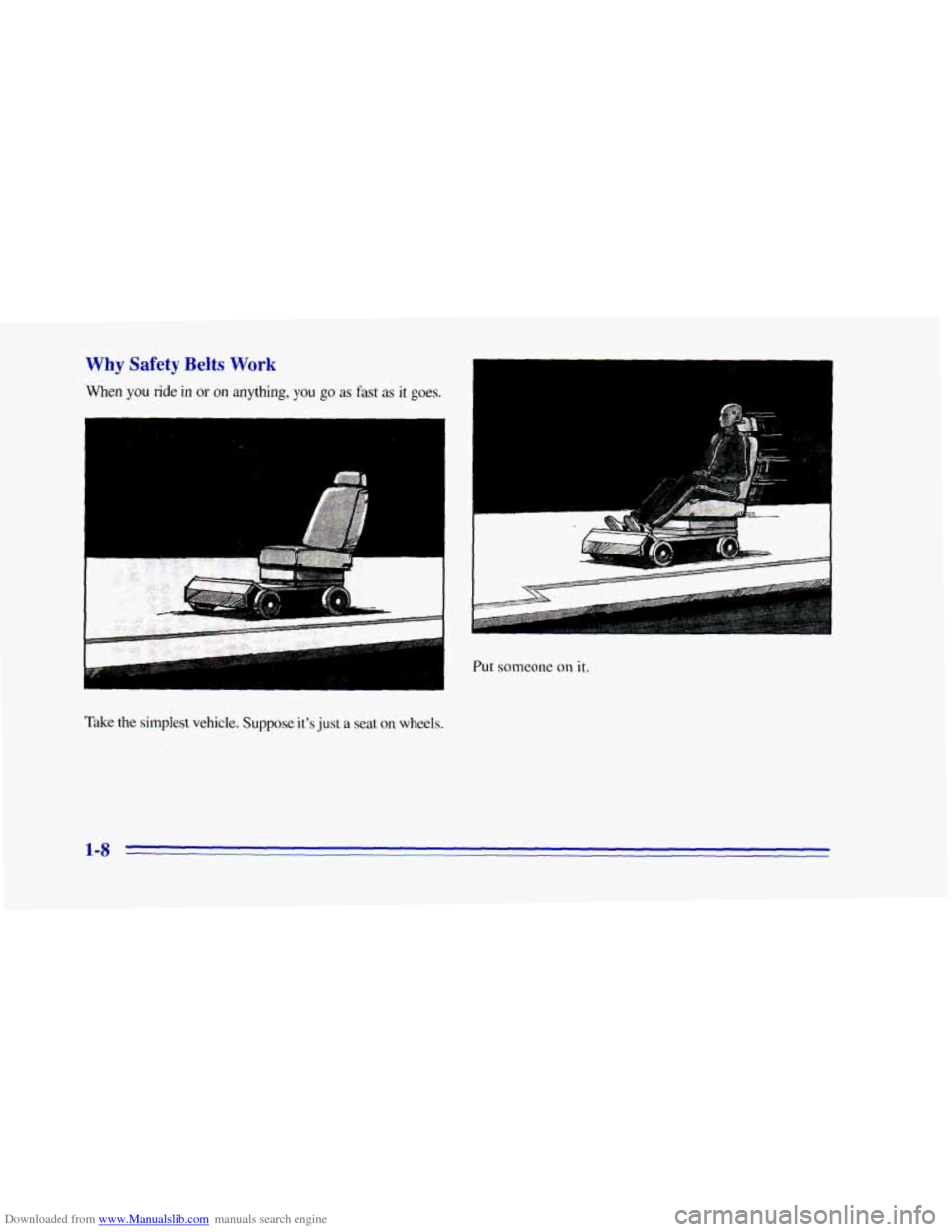 CHEVROLET CAMARO 1996 4.G User Guide Downloaded from www.Manualslib.com manuals search engine Why Safety Belts Work 
When you ride in or on anything, you go as fast as it goes. 
I 
Take the simplest vehicle. Suppose its just a seat on w