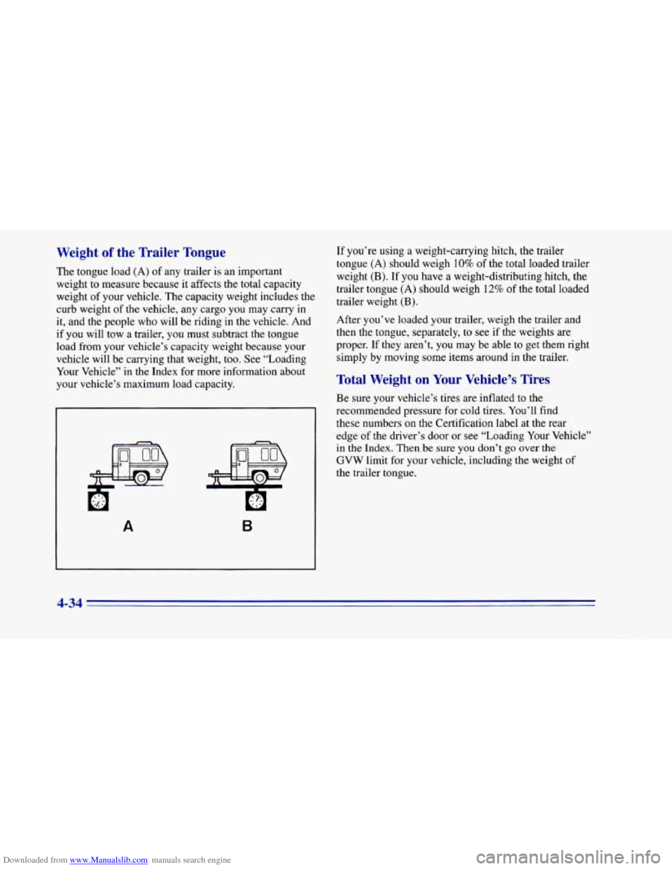 CHEVROLET CAMARO 1996 4.G Owners Manual Downloaded from www.Manualslib.com manuals search engine Weight of the Trailer Tongue 
The tongue  load (A) of any trailer is an important 
weight  to  measure  because  it affects  the total capacity