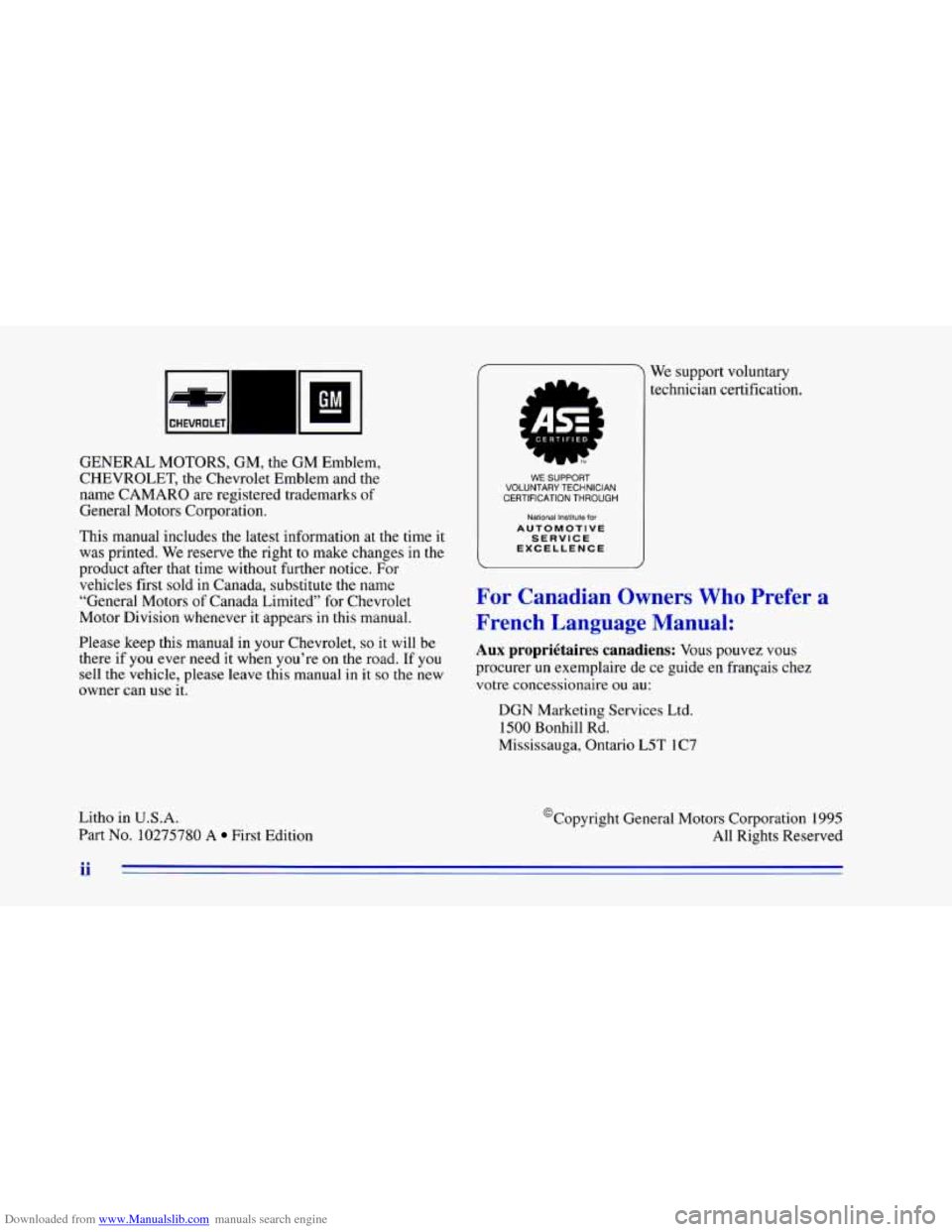 CHEVROLET CAMARO 1996 4.G Owners Manual Downloaded from www.Manualslib.com manuals search engine n-n 
pl 
ICHEVROLET~ 
GENERAL MOTORS, GM, the GM Emblem, 
CHEVROLET,  the  Chevrolet Emblem and the 
name CAMARO are registered trademarks  of 