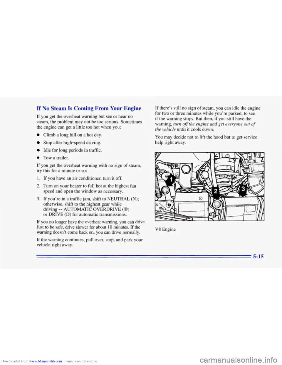 CHEVROLET CAMARO 1996 4.G Owners Manual Downloaded from www.Manualslib.com manuals search engine If No Steam Is Ci ling Fro] YC r Engine 
If  you get the overheat  warning  but see or hear  no 
steam,  the  problem may  not be  too  serious