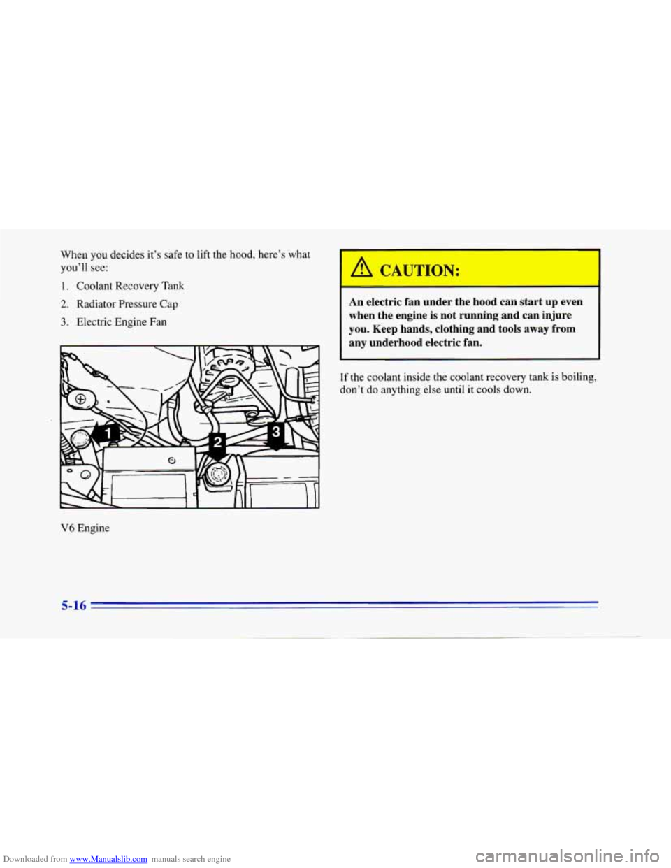CHEVROLET CAMARO 1996 4.G Owners Manual Downloaded from www.Manualslib.com manuals search engine When you decides  it’s safe  to lift the hood, here’s what 
you’ll  see: 
1. Coolant  Recovery Tank 
2. Radiator  Pressure Cap 
3. Electr
