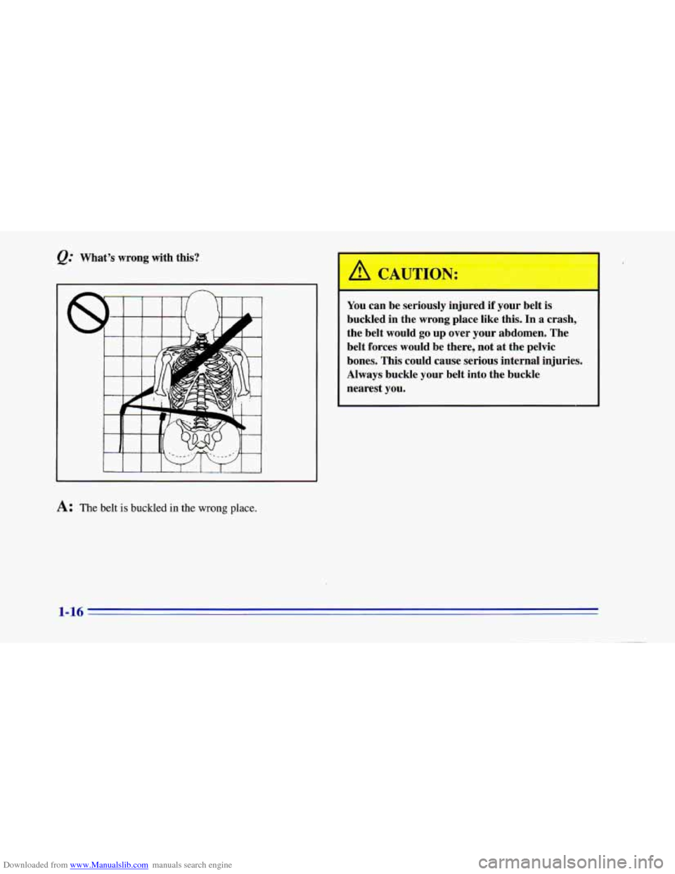 CHEVROLET CAMARO 1996 4.G Owners Manual Downloaded from www.Manualslib.com manuals search engine @ What’s  wrong  with this? 
A: The belt is buckled in the wrong place. 
You can be  seriously  injured if your belt is 
buckled  in the  wro
