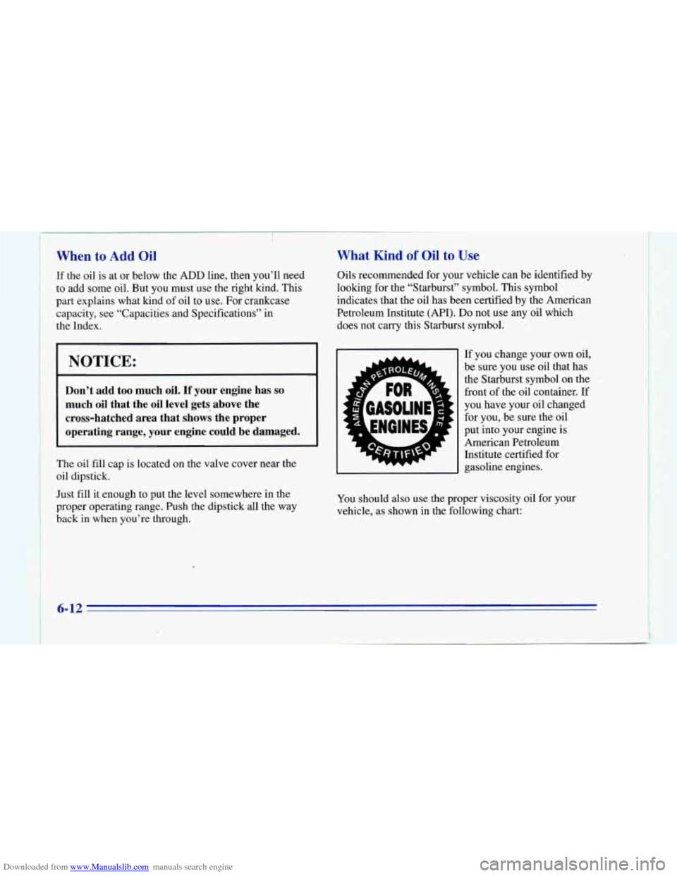 CHEVROLET CAMARO 1996 4.G Owners Manual Downloaded from www.Manualslib.com manuals search engine When to Add Oil
If the oil is at or below the ADD line, then you’ll need
to add some oil. But you must use the right kind. This CHEVROLET CAMARO 1996 4.G Owners Manual Downloaded from www.Manualslib.com manuals search engine When to Add Oil
If the oil is at or below the ADD line, then you’ll need
to add some oil. But you must use the right kind. This